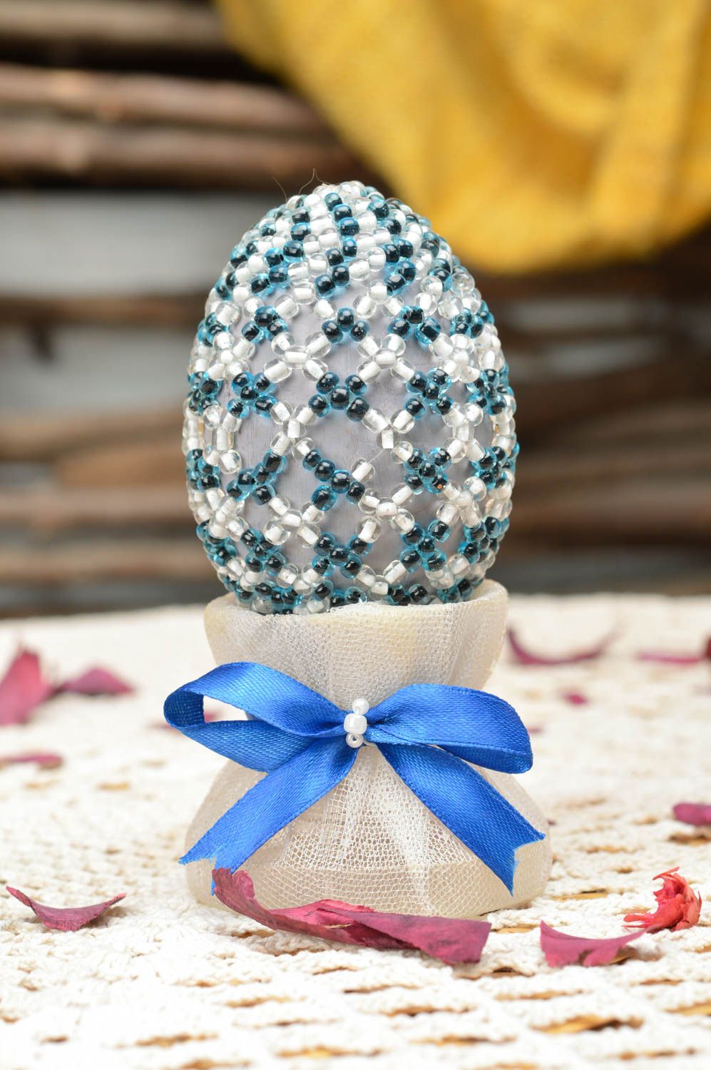 Unusual handmade designer paper mache Easter egg woven over with Chinese beads photo 1