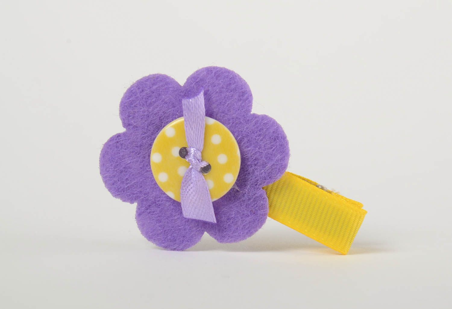 Purple hair clip made of rep ribbons and fleece handmade children's accessory photo 4