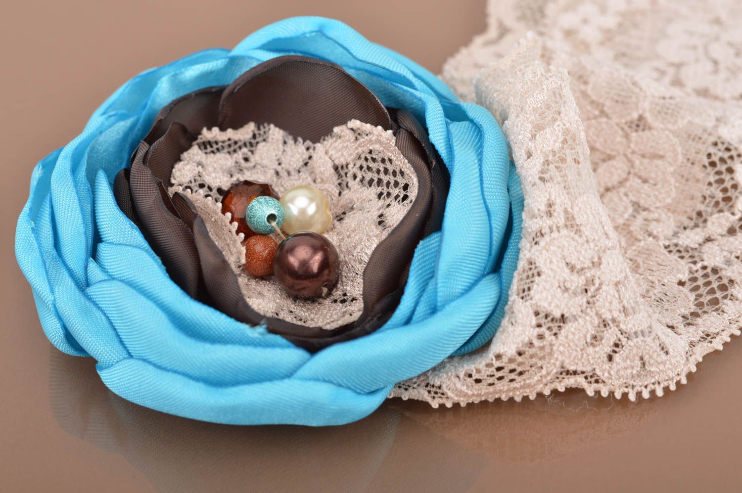 Handmade headband with flower made using kanzashi technique on elastic band photo 5