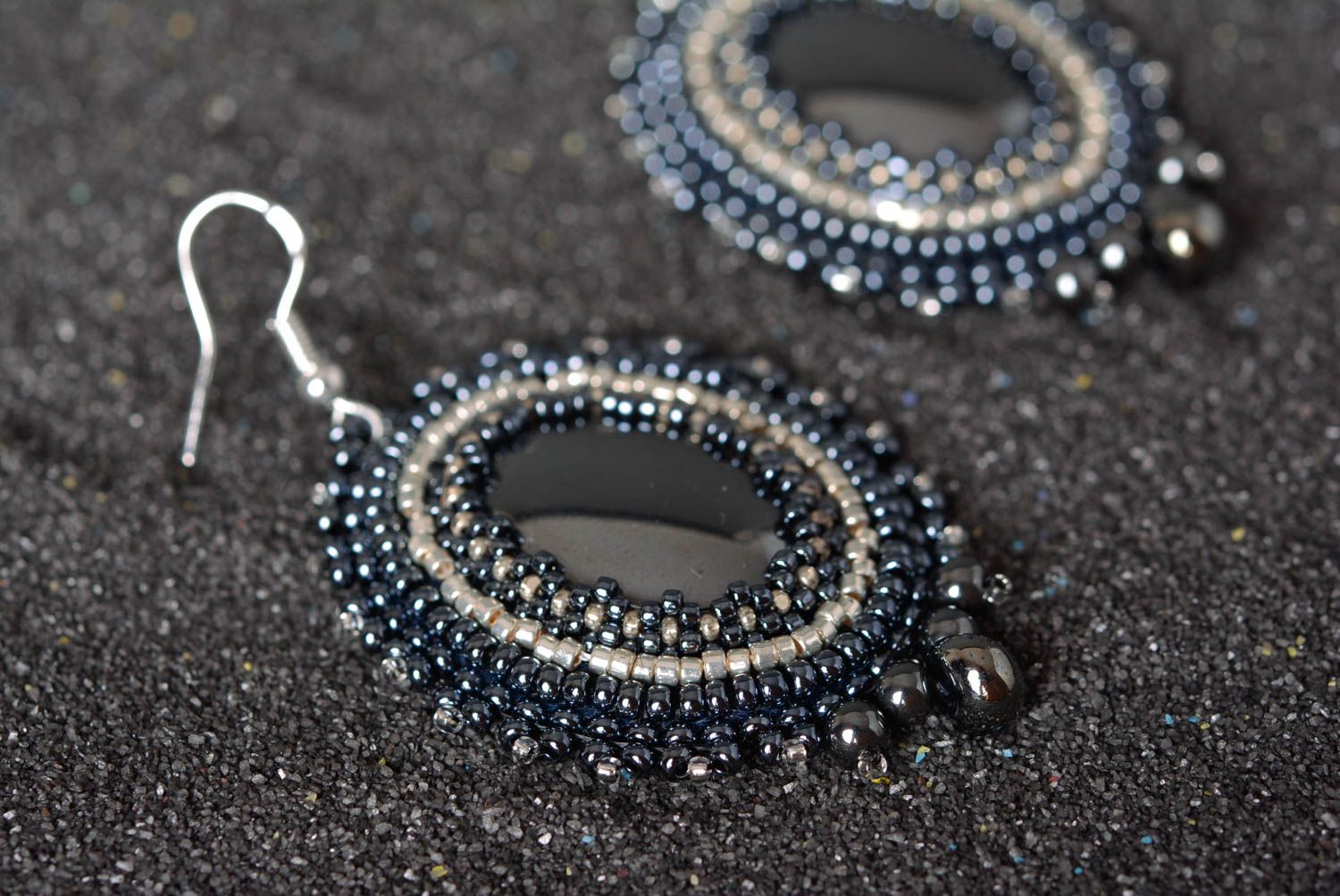 Handmade long earrings made of beads women accessories hematite earrings  photo 5