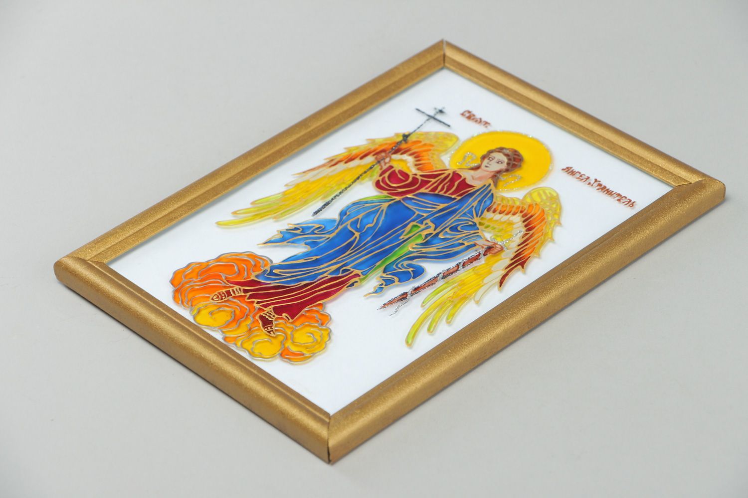 Икона Ангела Хранителя стеклянная разноцветная в раме витражная роспись  фото 3