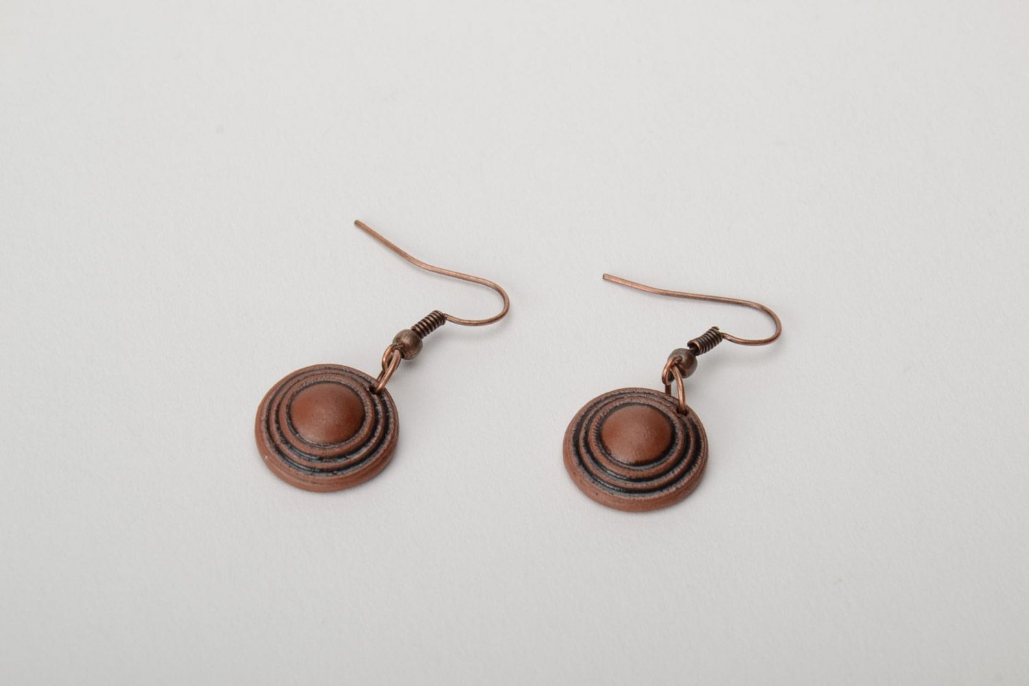 Tiny handmade dangle earrings molded of brown clay and painted with enamels photo 3