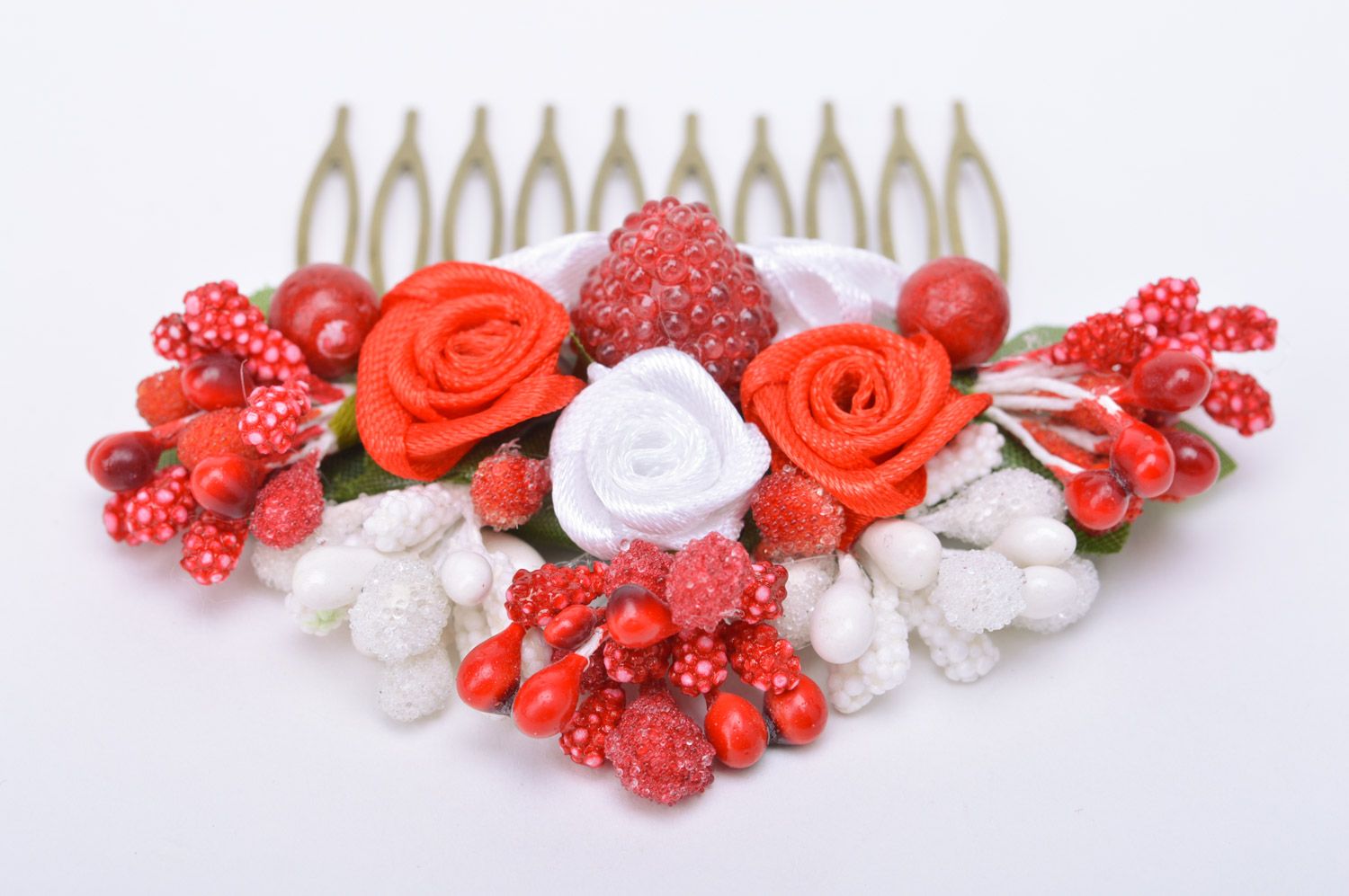 Handmade decorative red and white metal hair comb with ribbons and berries photo 5