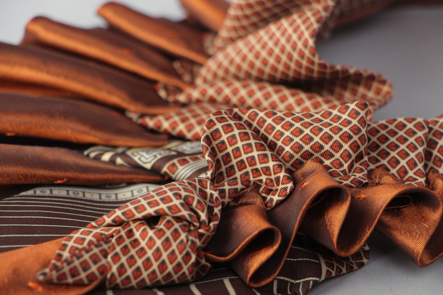 Handmade brown decorative detachable collar sewn of silk and satin neck ties  photo 4