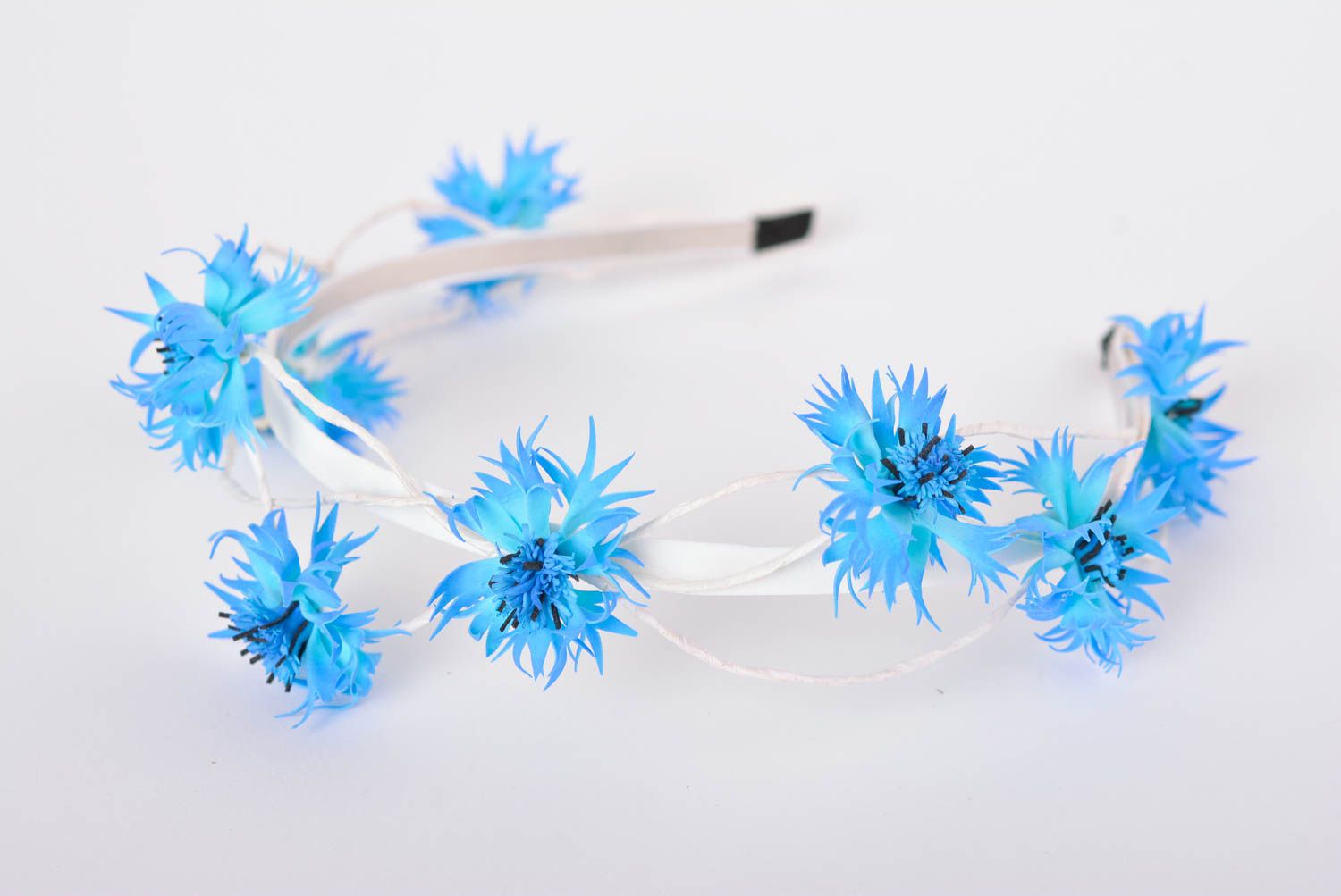Serre-tête fleurs fait main Accessoire cheveux bleu-blanc Cadeau original photo 1