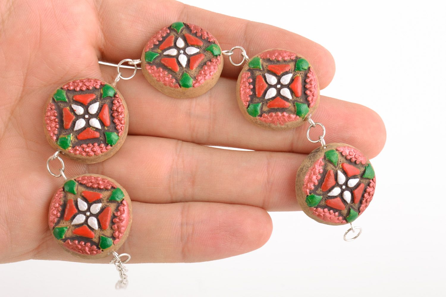 Handmade wrist bracelet on chain with ceramic elements with bright ornaments photo 2