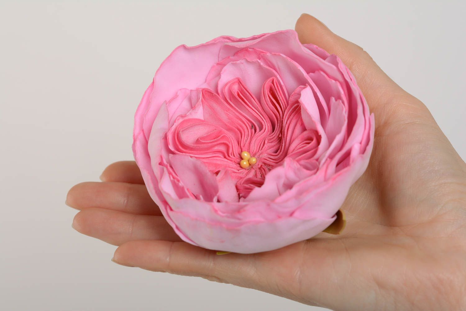 Handmade designer beautiful pink brooch made of foamiran volume pink flower  photo 4