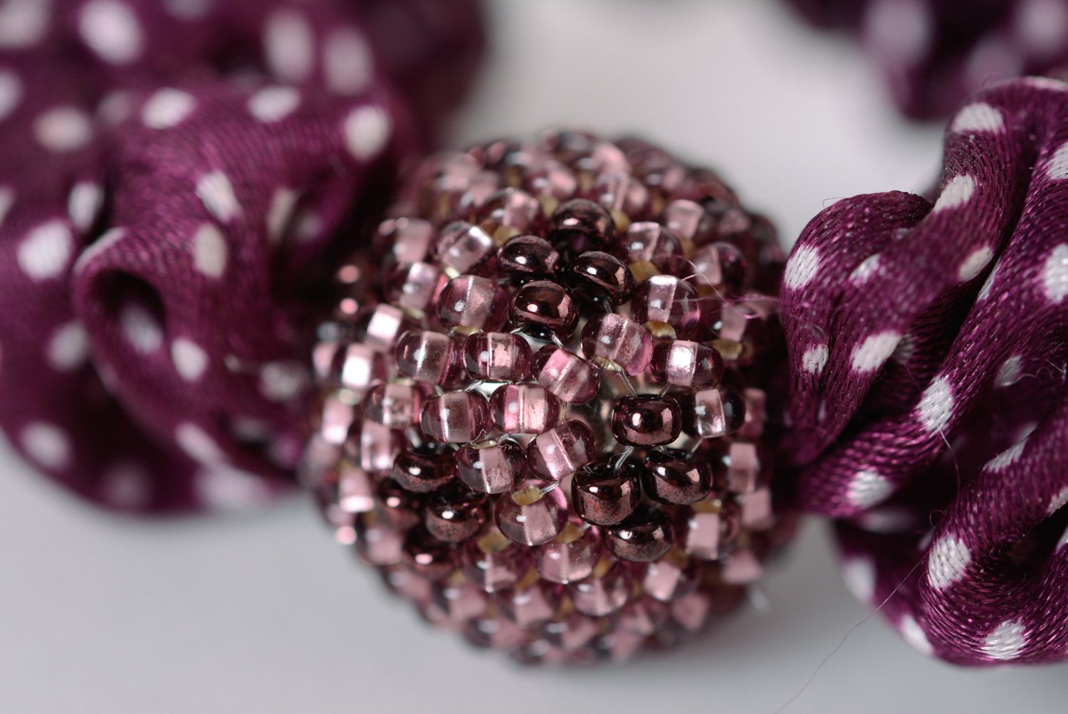 Beautiful handmade polka dot satin fabric hair tie with beads photo 3