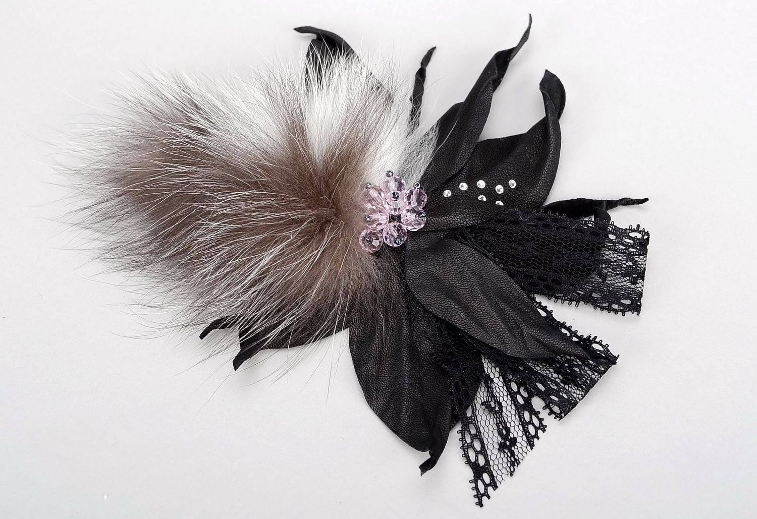 Leather brooch with fur, lace, beads Leather chic photo 1