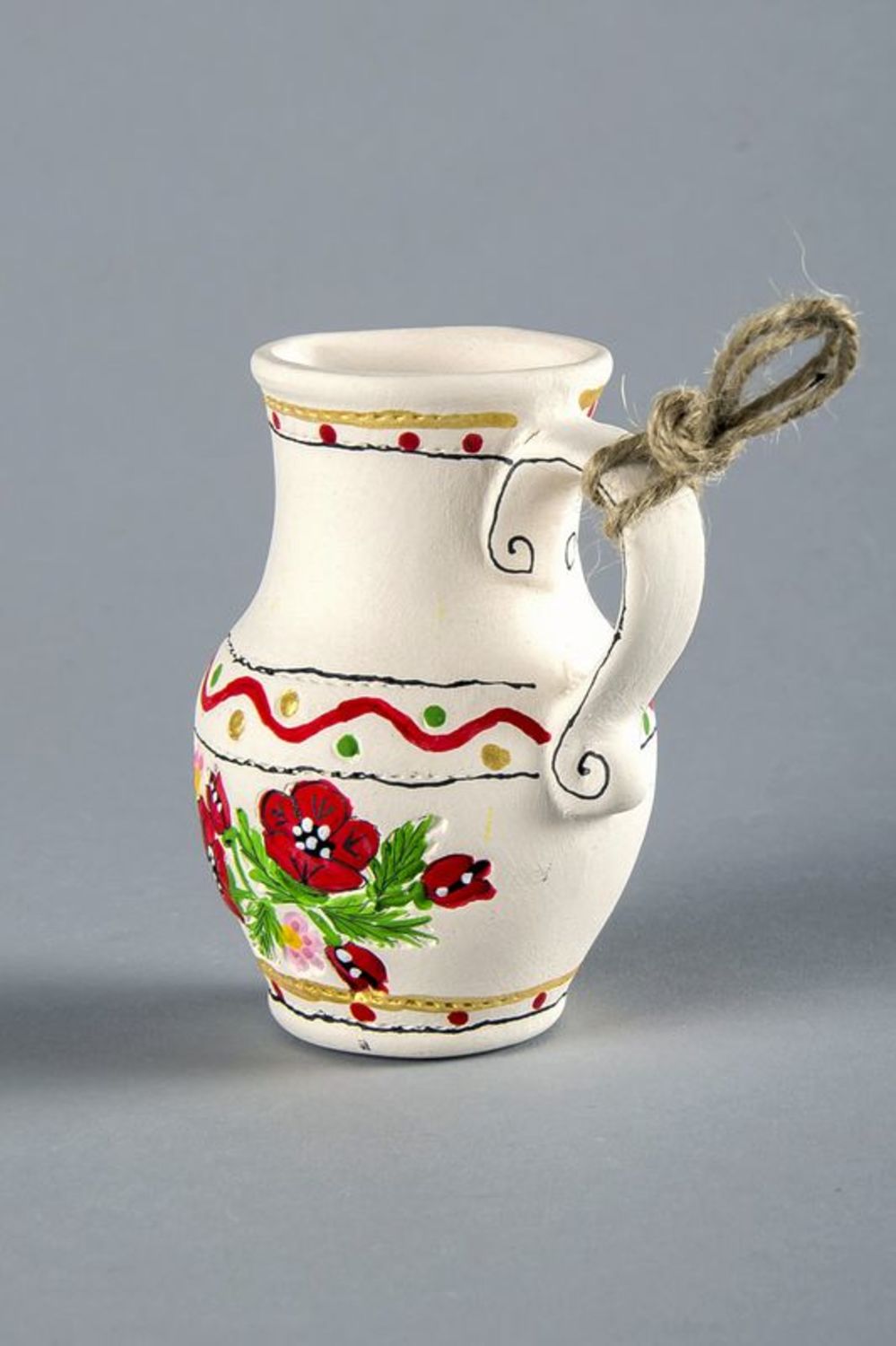 White clay decorative jug on a rope with floral décor 0,21 lb photo 5