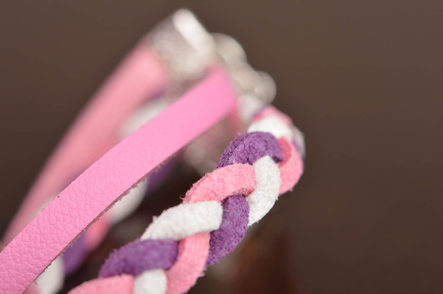 Handmade pink and violet genuine leather cord bracelet with metal apple charm photo 5