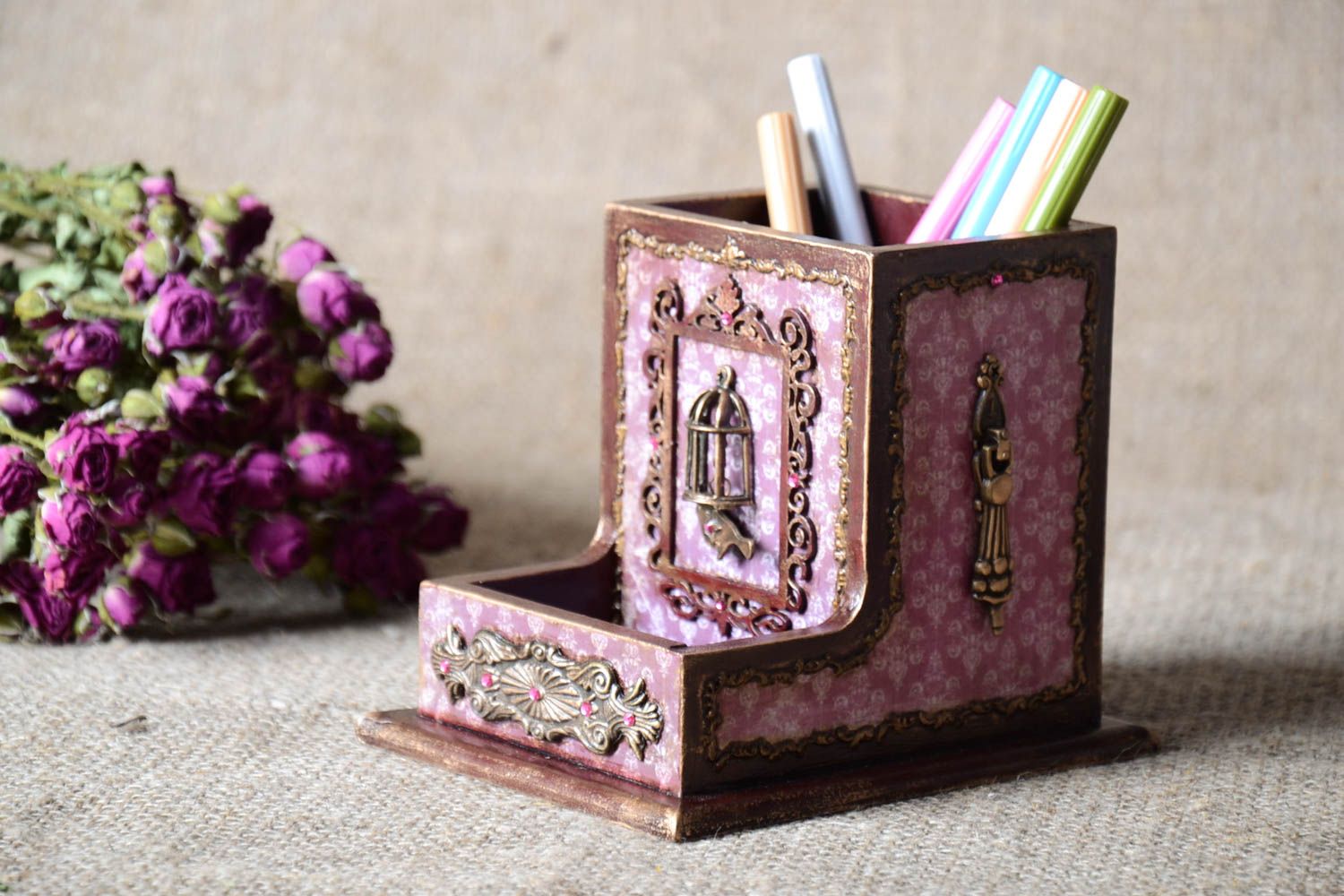 Handmade decoupage stand wooden stand for stationery stylish vintage item photo 1