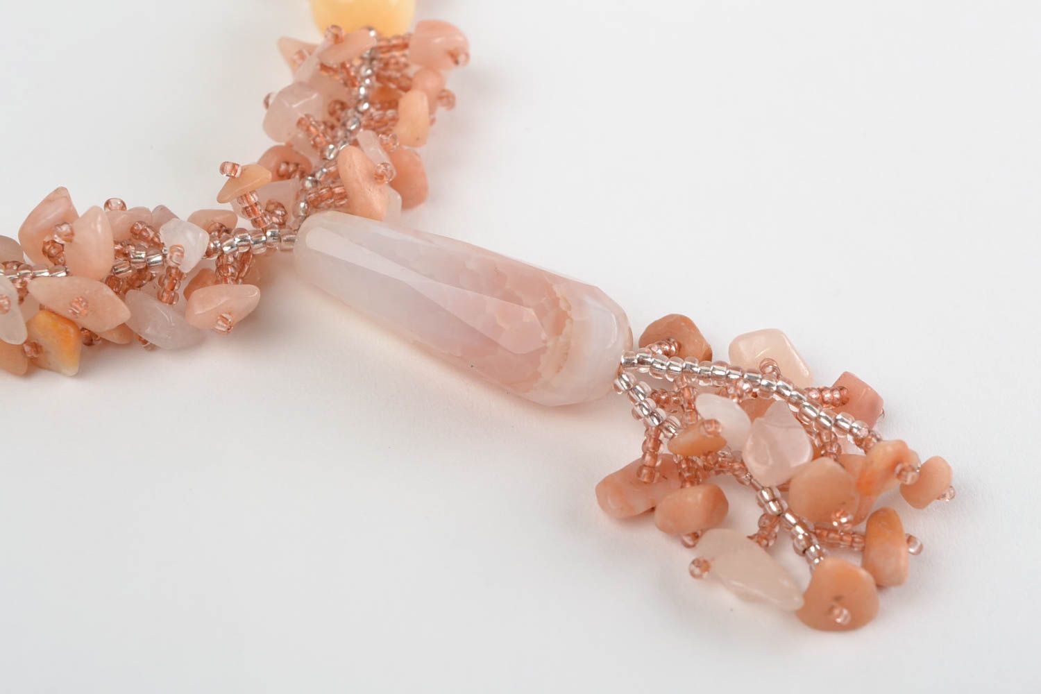 Tender long peach-colored handmade necklace made of beads and natural stones  photo 4