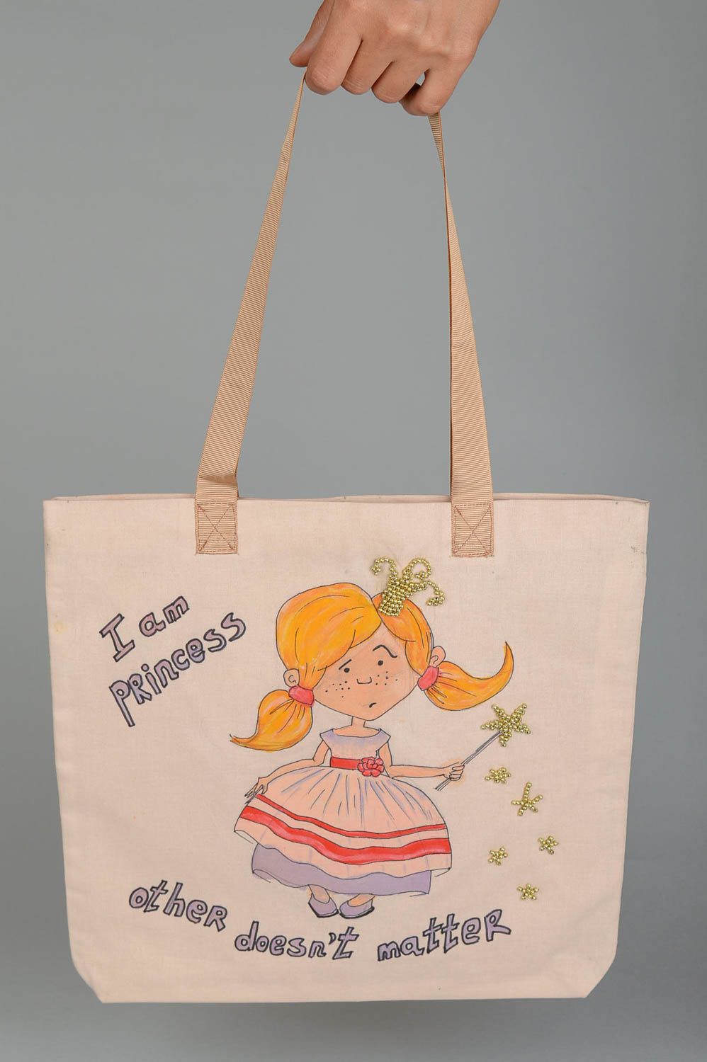 Сумка ручной работы сумка с рисунком принцессы бежевая женская сумка большая фото 5