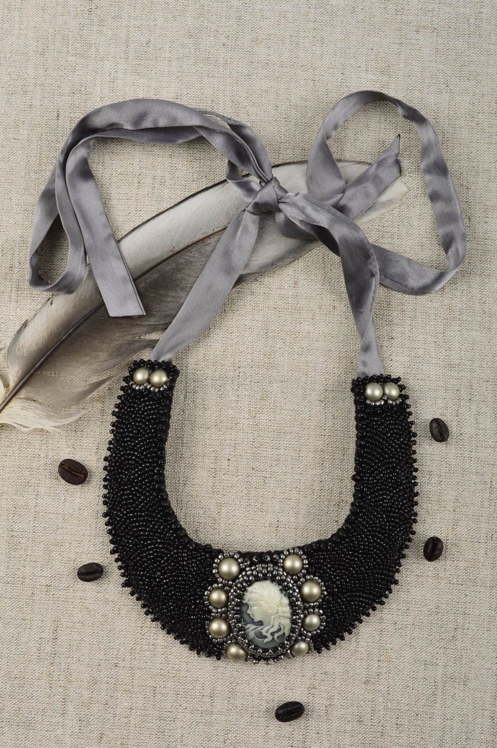 Handmade massive dark necklace unusual elegant necklace beaded stylish jewelry photo 1