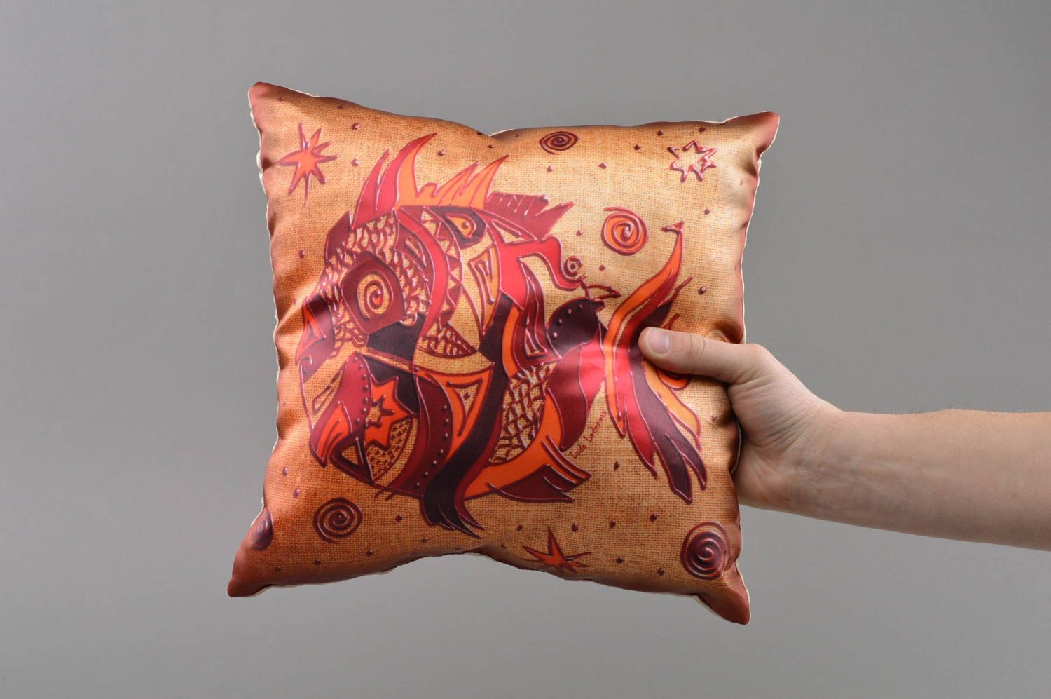 Handmade designer silk and satin fabric cushion with fish pattern accent pillow photo 4