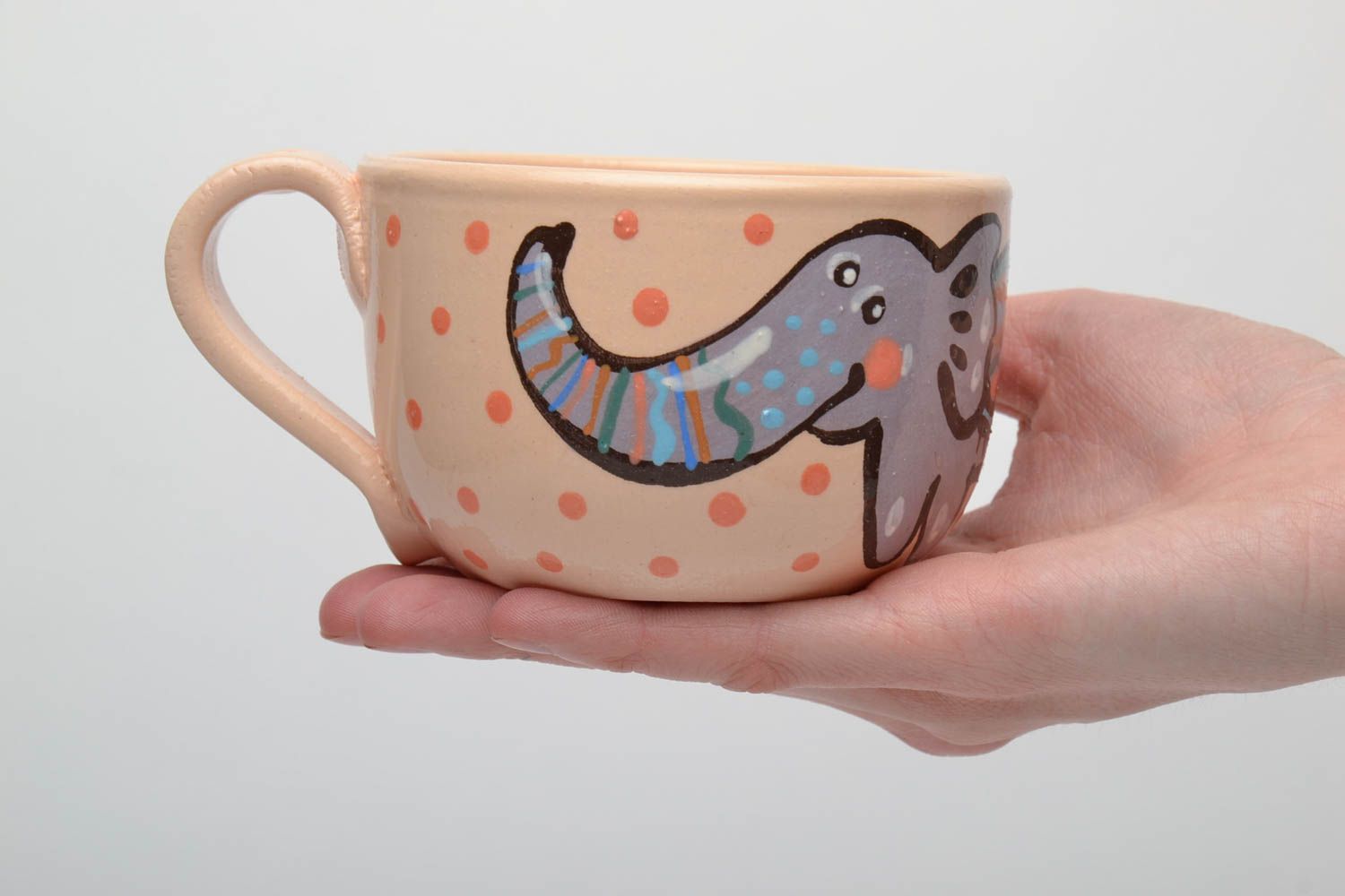 Clay tea cup with elephant pattern and handle. Great gift for a child photo 5