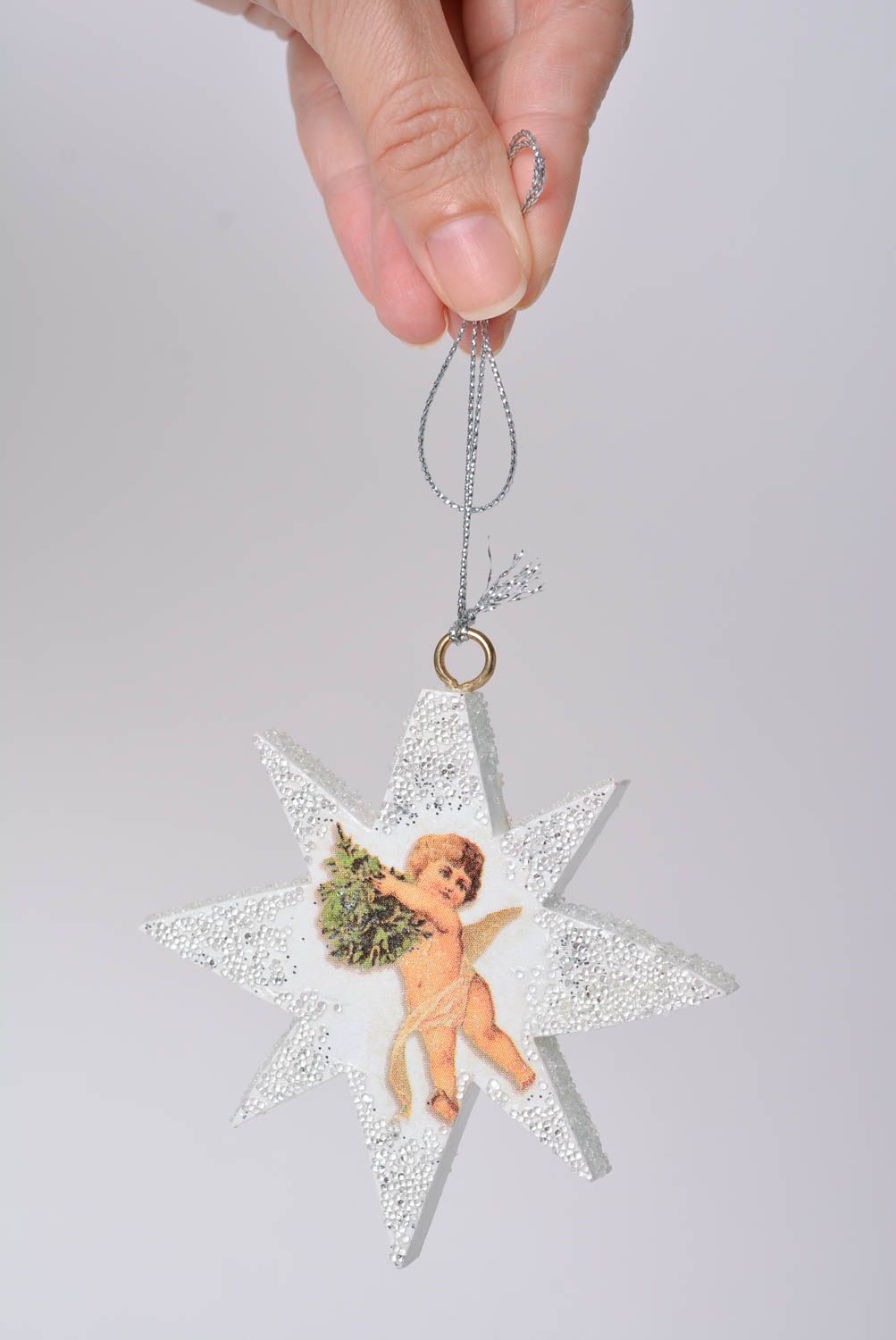 Suspension décorative étoile en bois avec ange faite main claire serviettage photo 2
