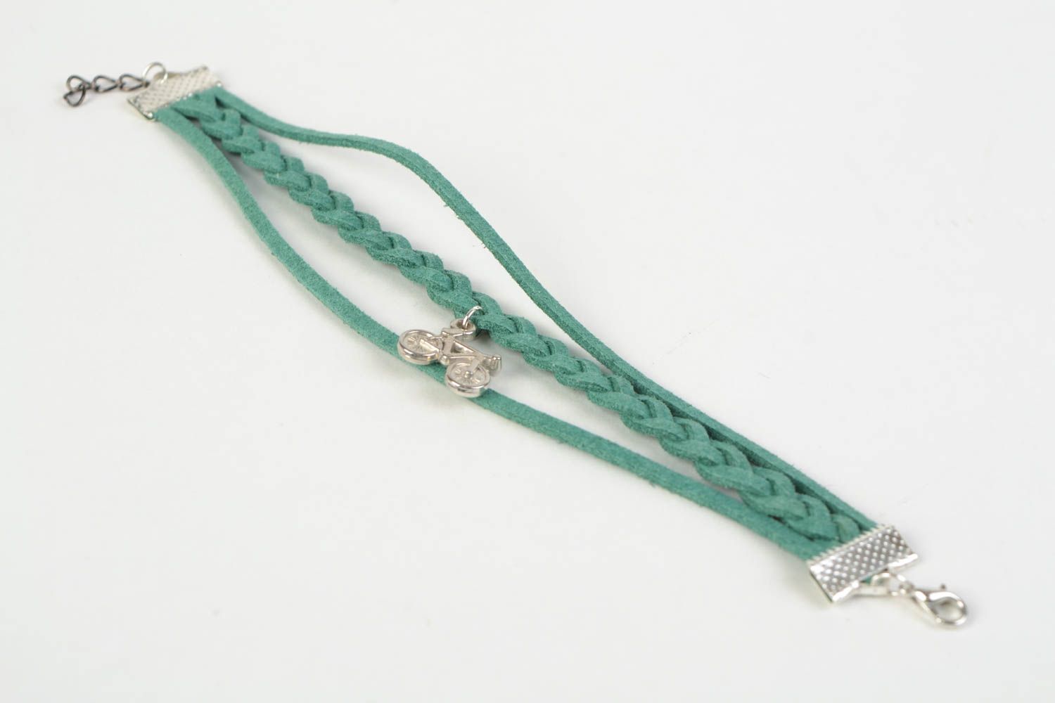 Green handmade woven suede cord bracelet with charm in the shape of bicycle photo 5