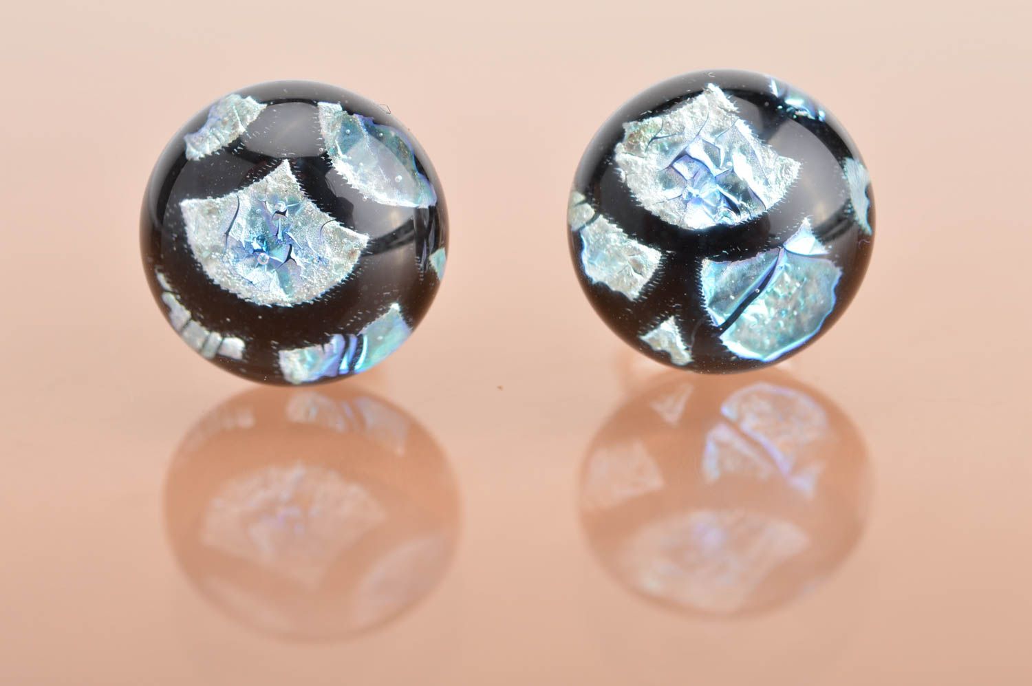 Handmade small round stud dichroic glass earrings black and blue Fish Scale photo 4
