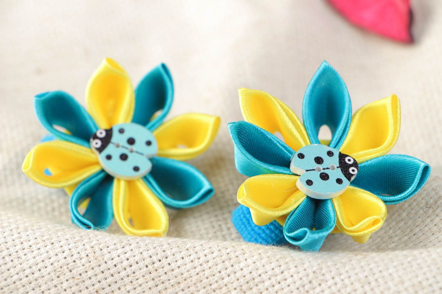 Handmade beautiful stylish set of scrunchies with satin flowers 2 pieces photo 1