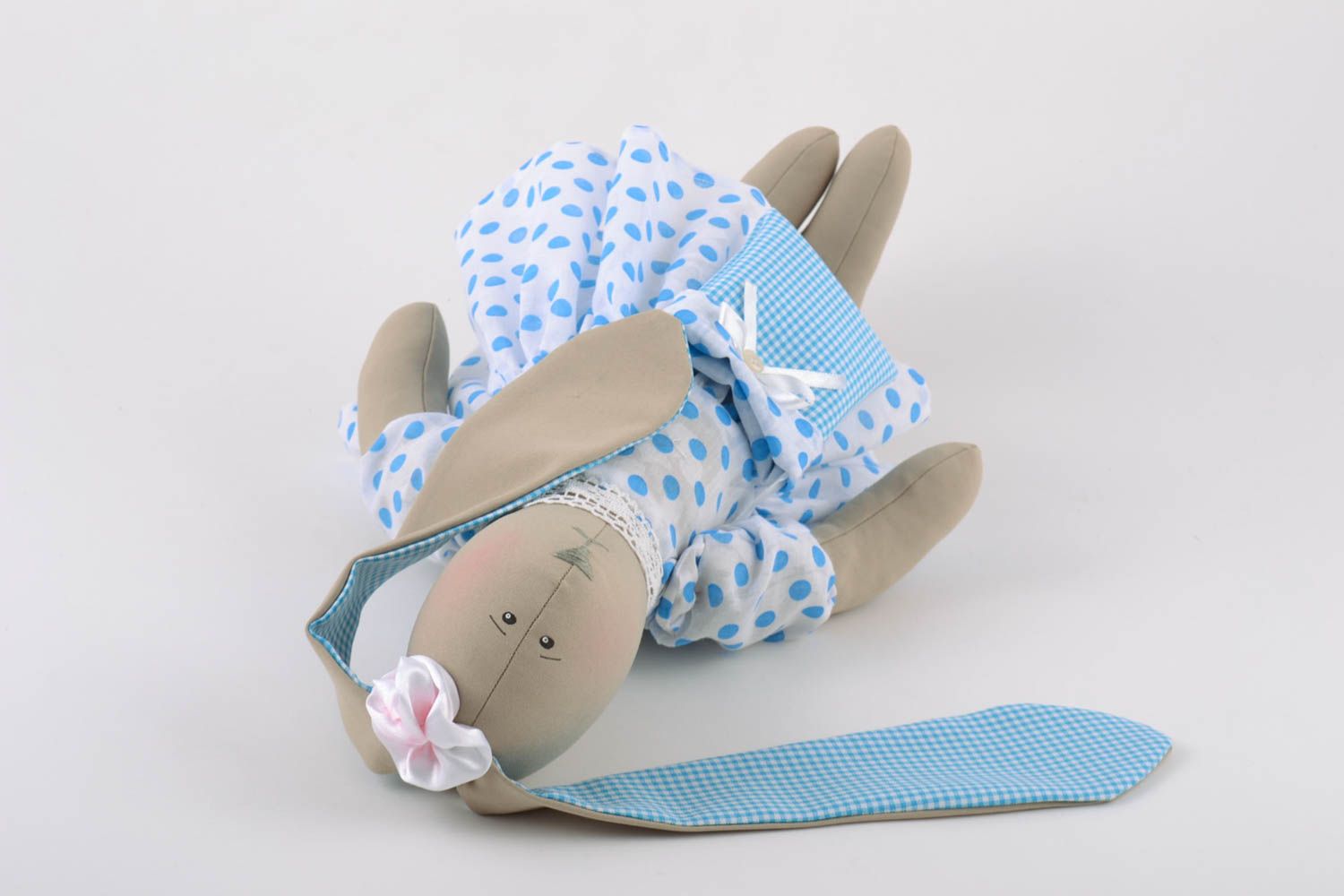 Handmade linen fabric soft toy rabbit in blue polka dot dress with small bag photo 5