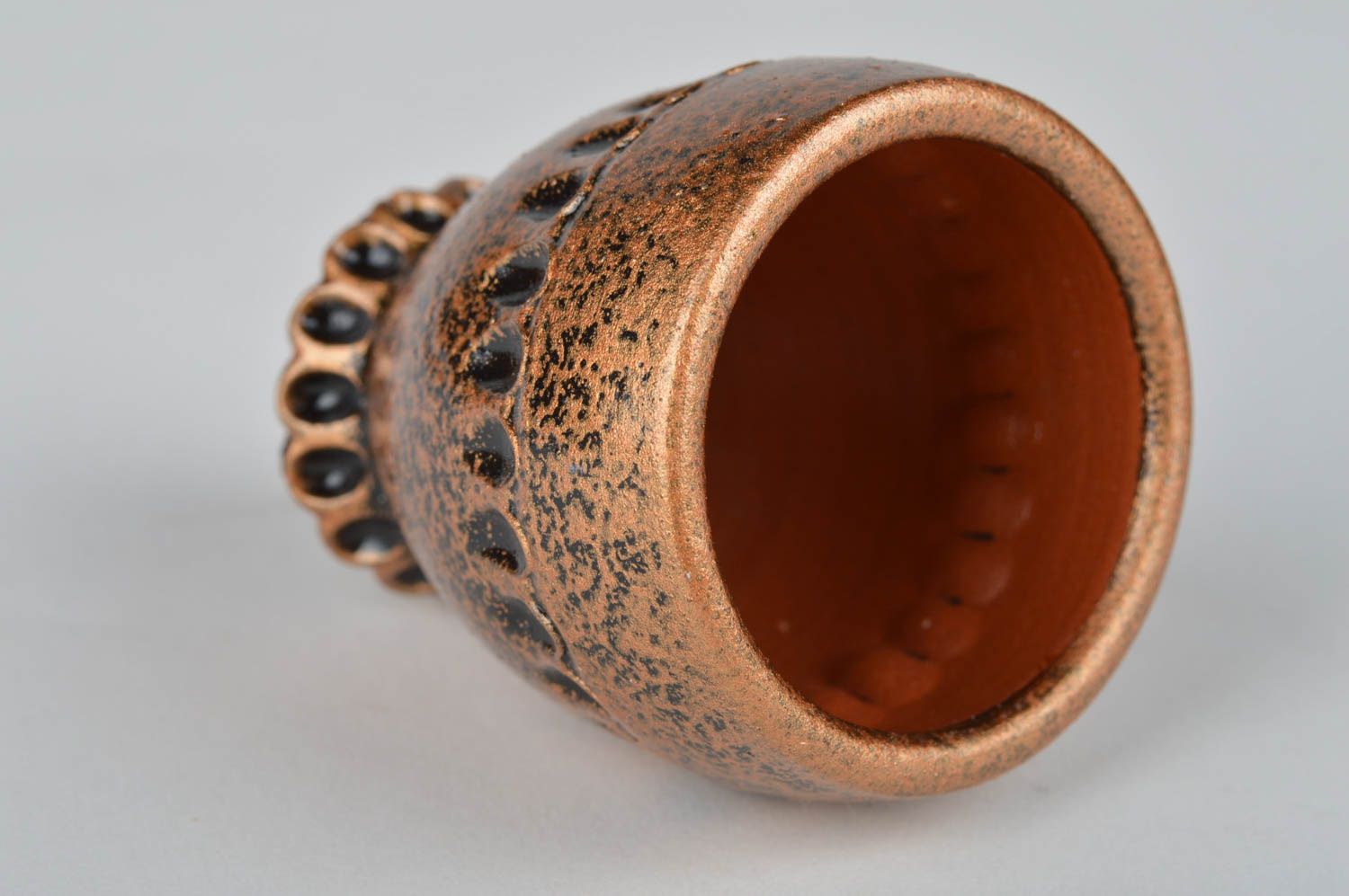 Handmade beautiful unusual stylish small ceramic shot glass like bronze photo 2