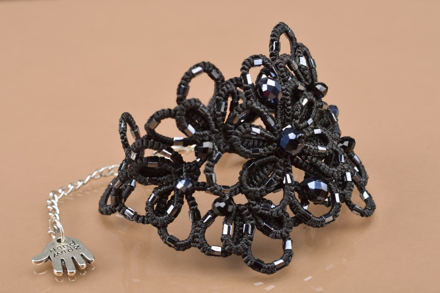 Wide black lacy ankars tatting bracelet woven of satin threads handmade photo 5
