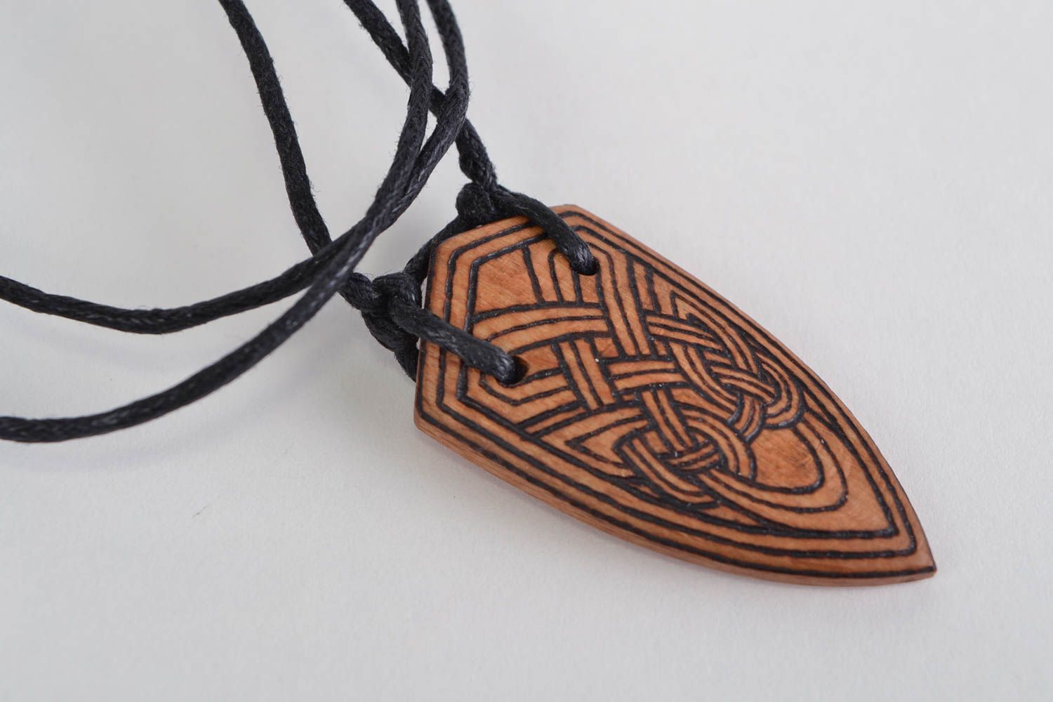 Beautiful designer handmade wooden neck pendant with pyrography on cord Shield photo 4