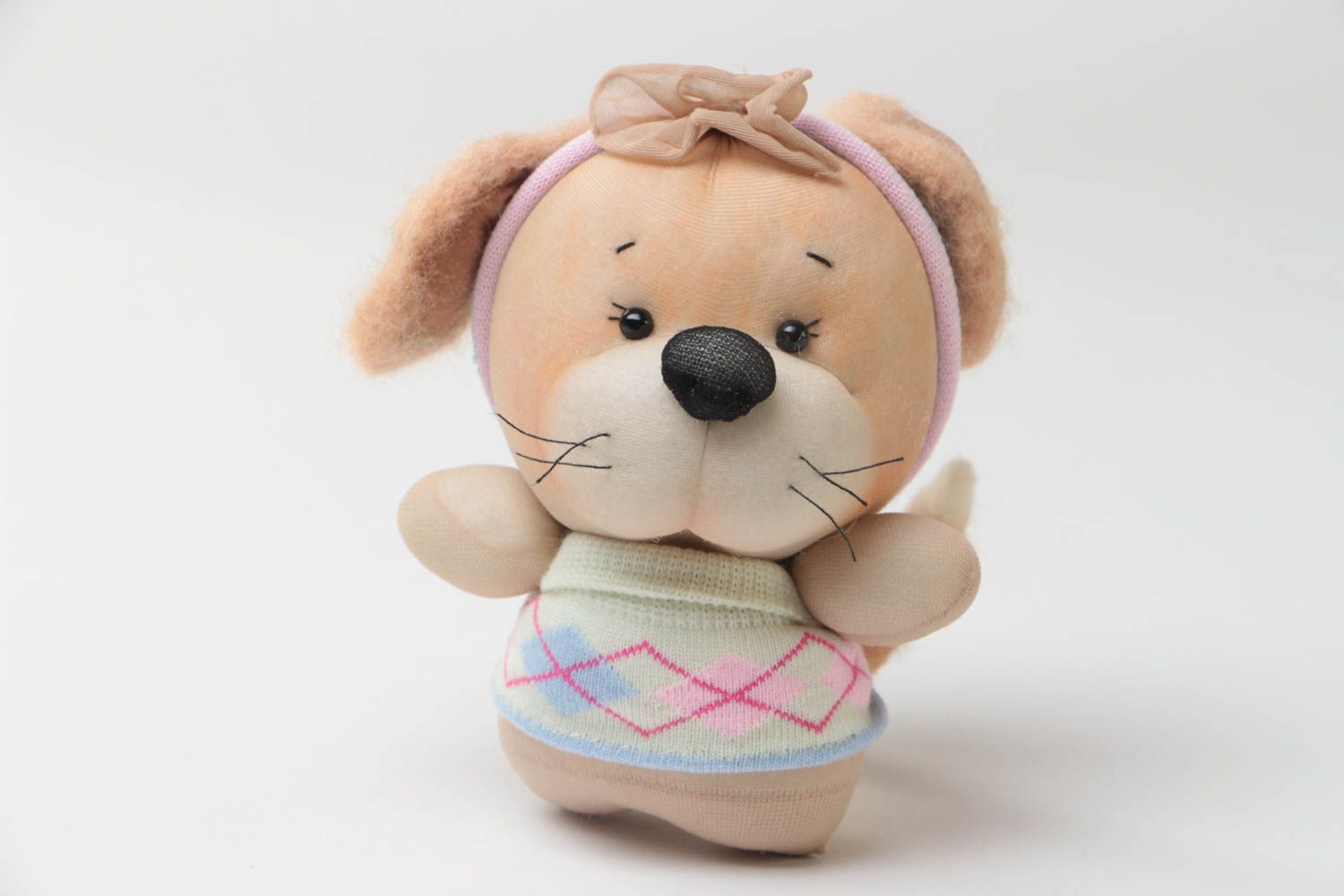Handmade designer nylon soft toy in the shape of a dog with woolen threads photo 2