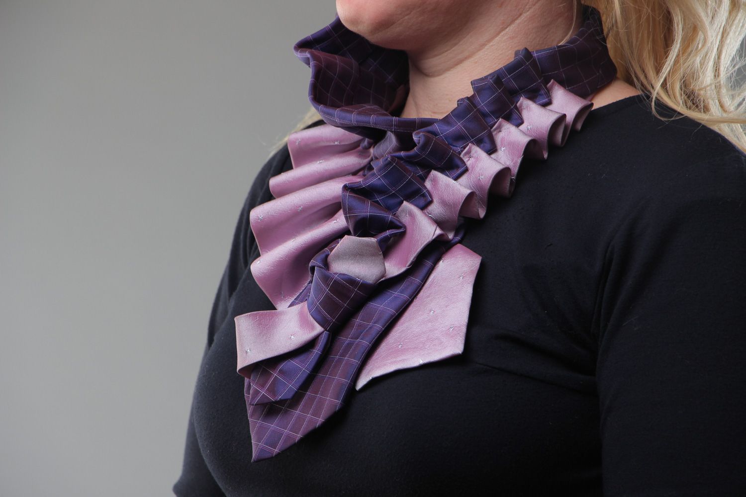 Handmade necklace sewn of men's silk and satin neck ties in violet color palette photo 5