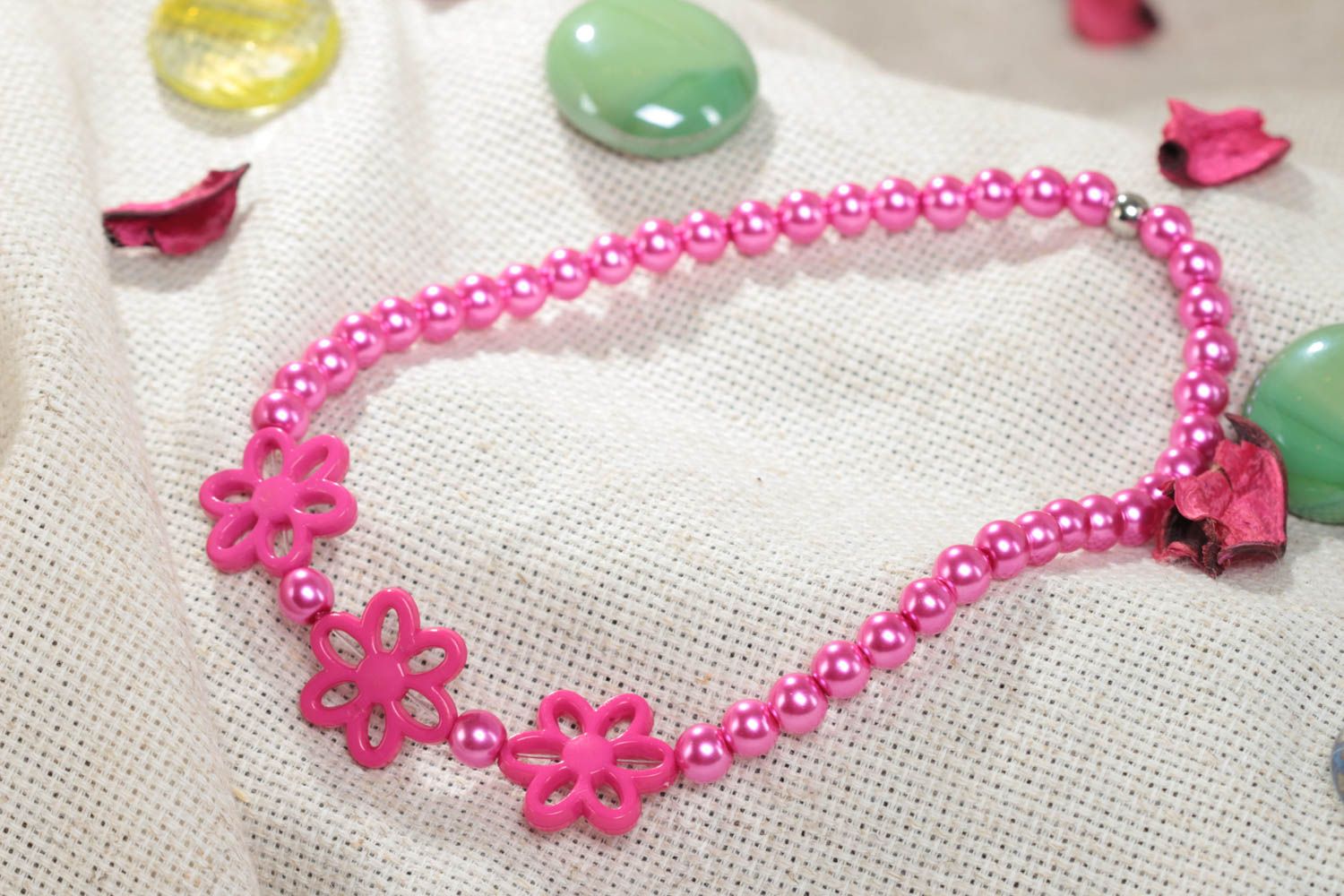 Stylish handmade children's pink bead necklace with flowers designer jewelry photo 1