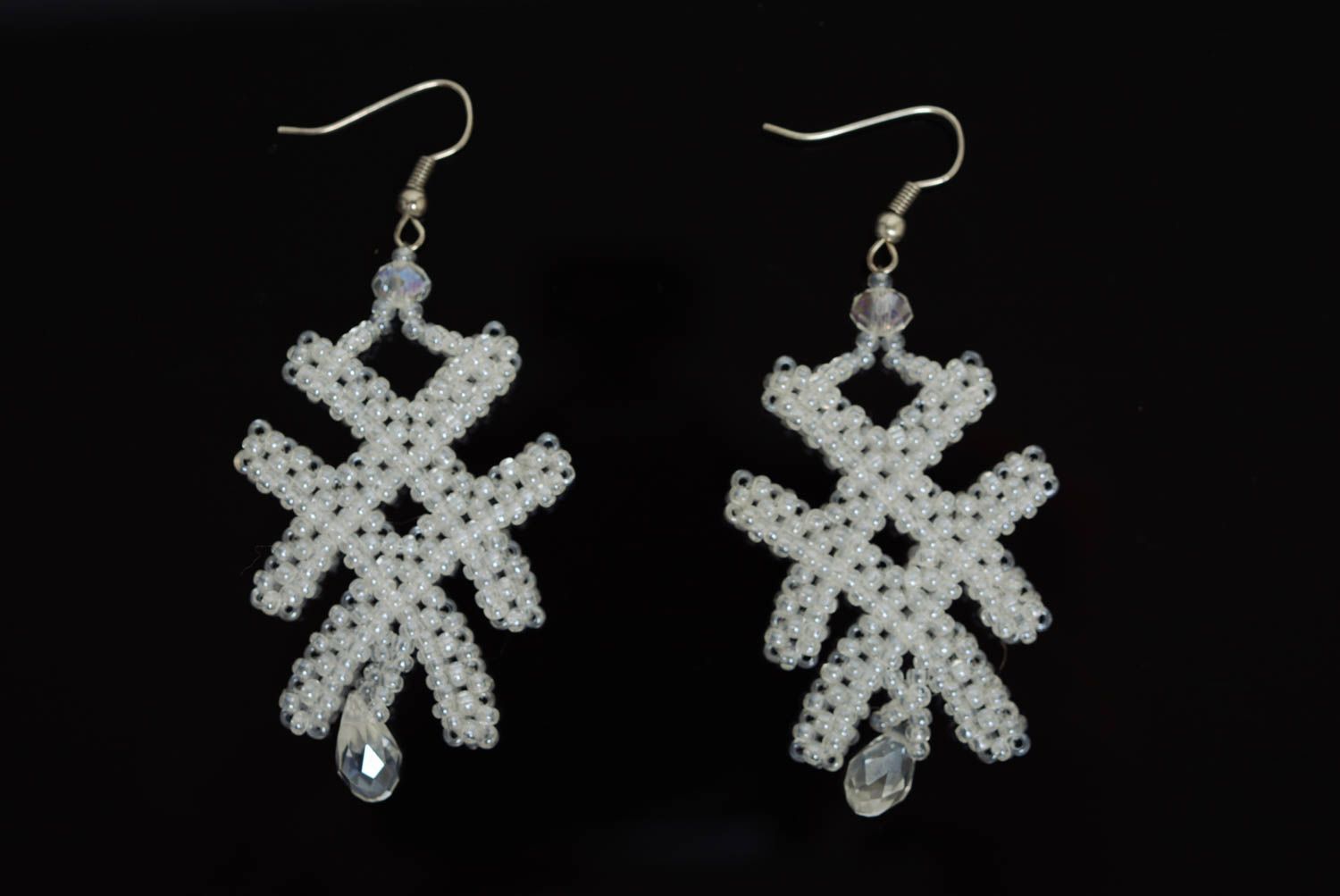 Handmade festive designer light white beaded dangling earrings Snow Queen  photo 5