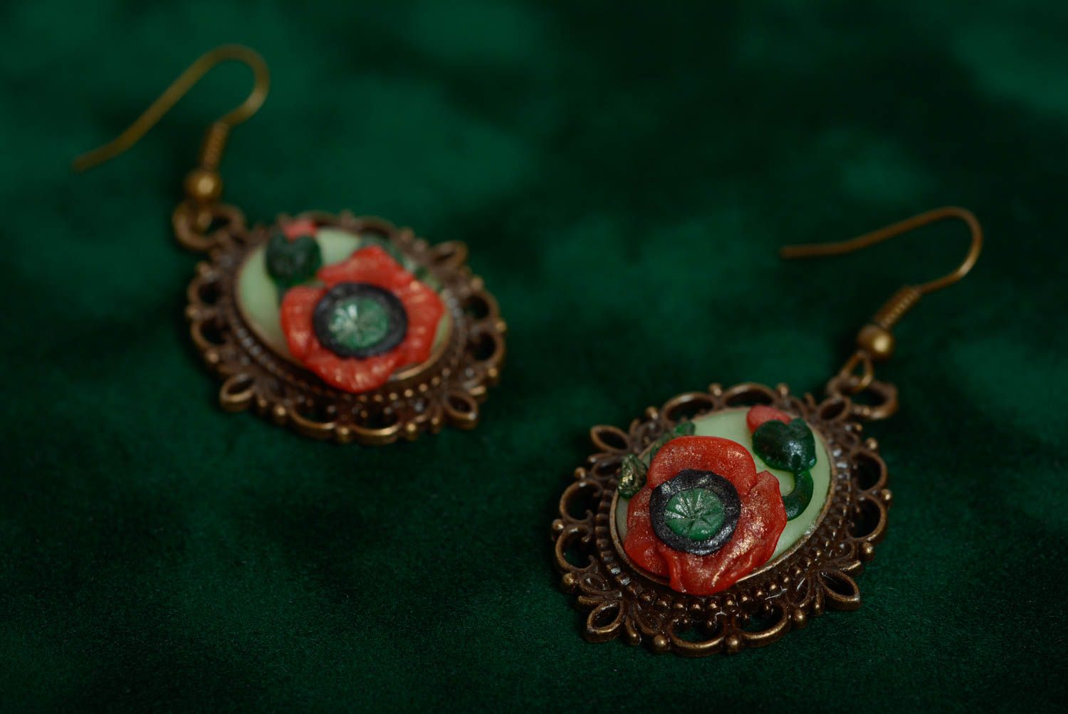 Handmade earrings with charms made of polymer clay in vintage style Poppies photo 4
