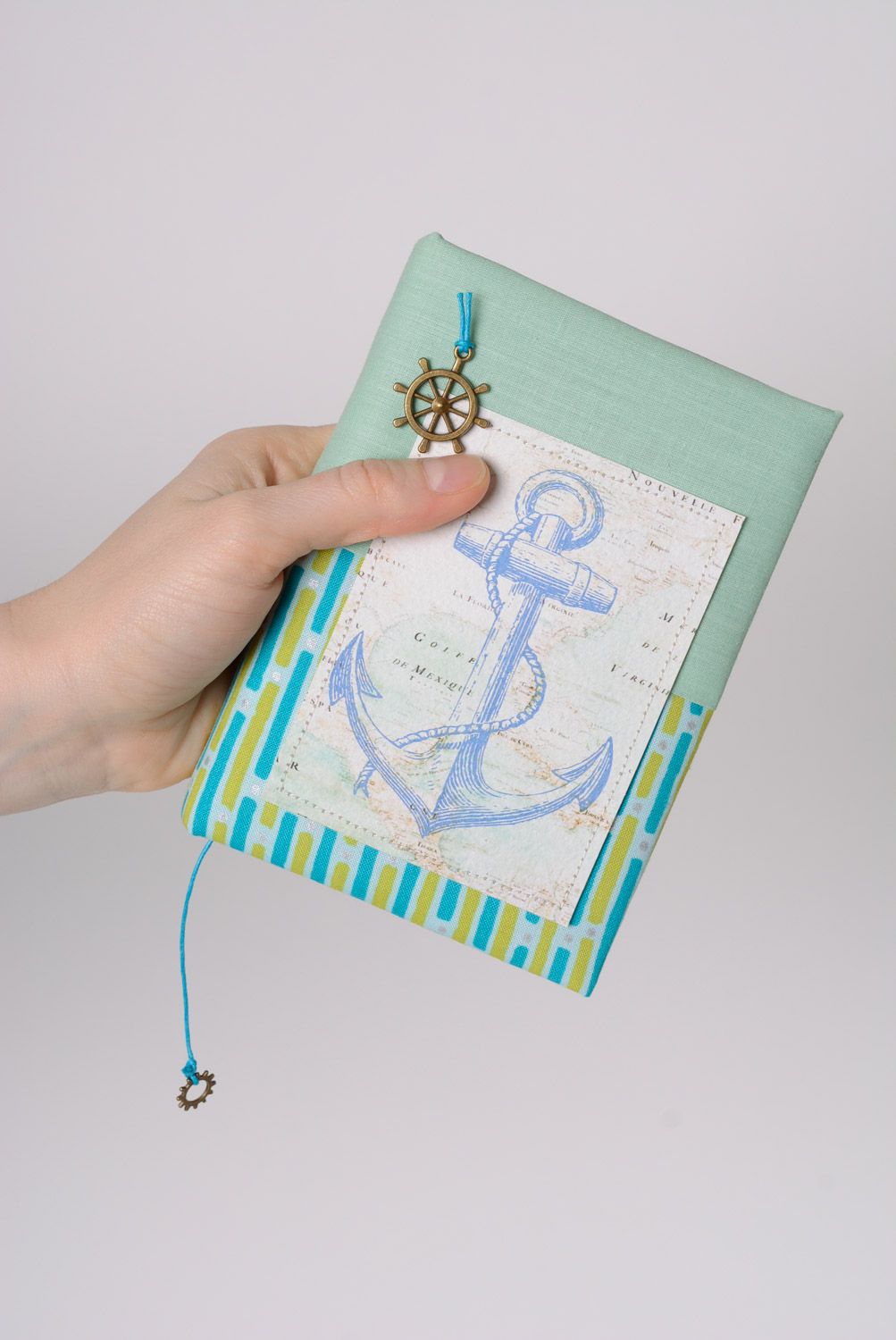 Blue handmade notebook with fabric cover and bookmark in marine style photo 3