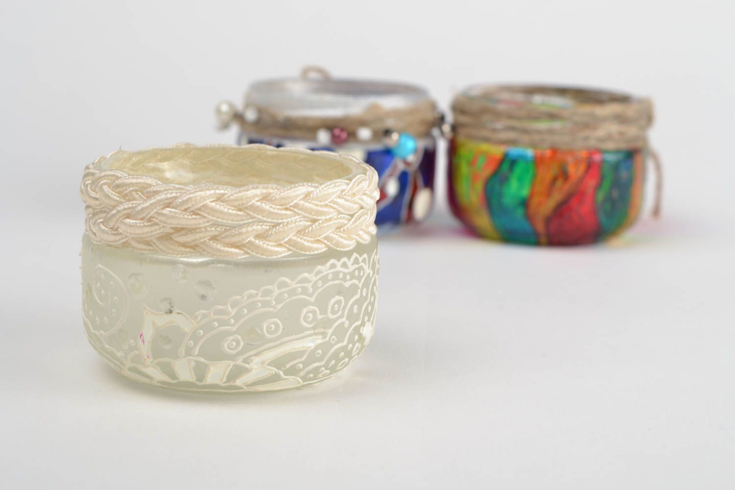 Buntes handmade Kerzenhalter Set aus Glas bemalt mit Vitrage Farben 3 Stück foto 5