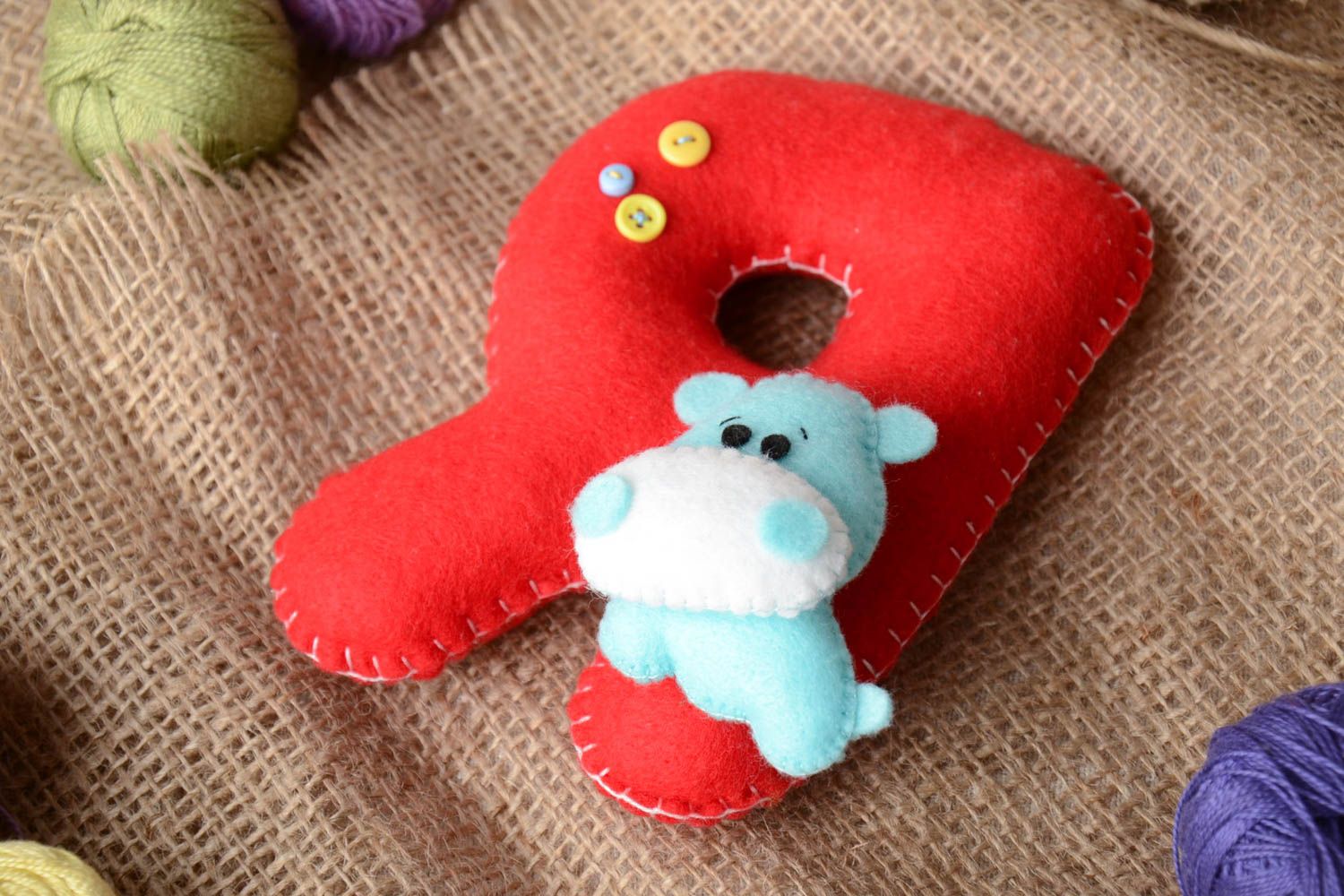 Handmade small red felt educational soft toy letter Я with blue hippo for kids photo 1