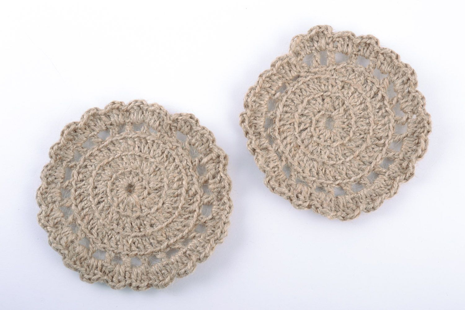 Set of gray lacy handmade coasters crochet of twine 2 pieces photo 5