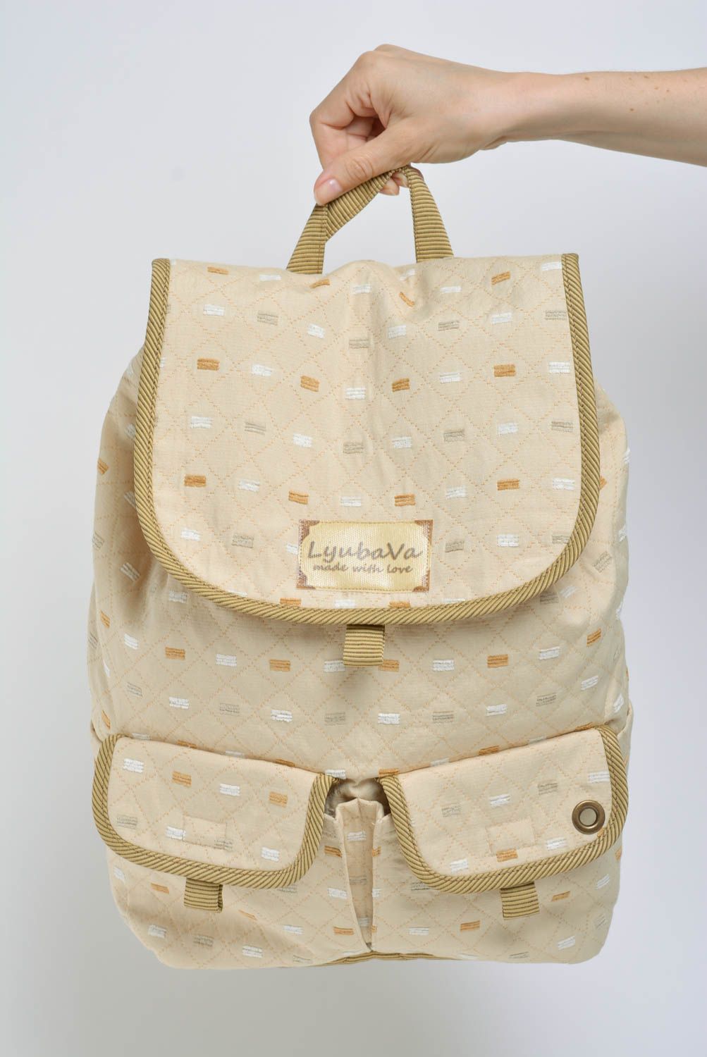 Handmade designer fabric backpack of beige color with two pockets for women photo 5