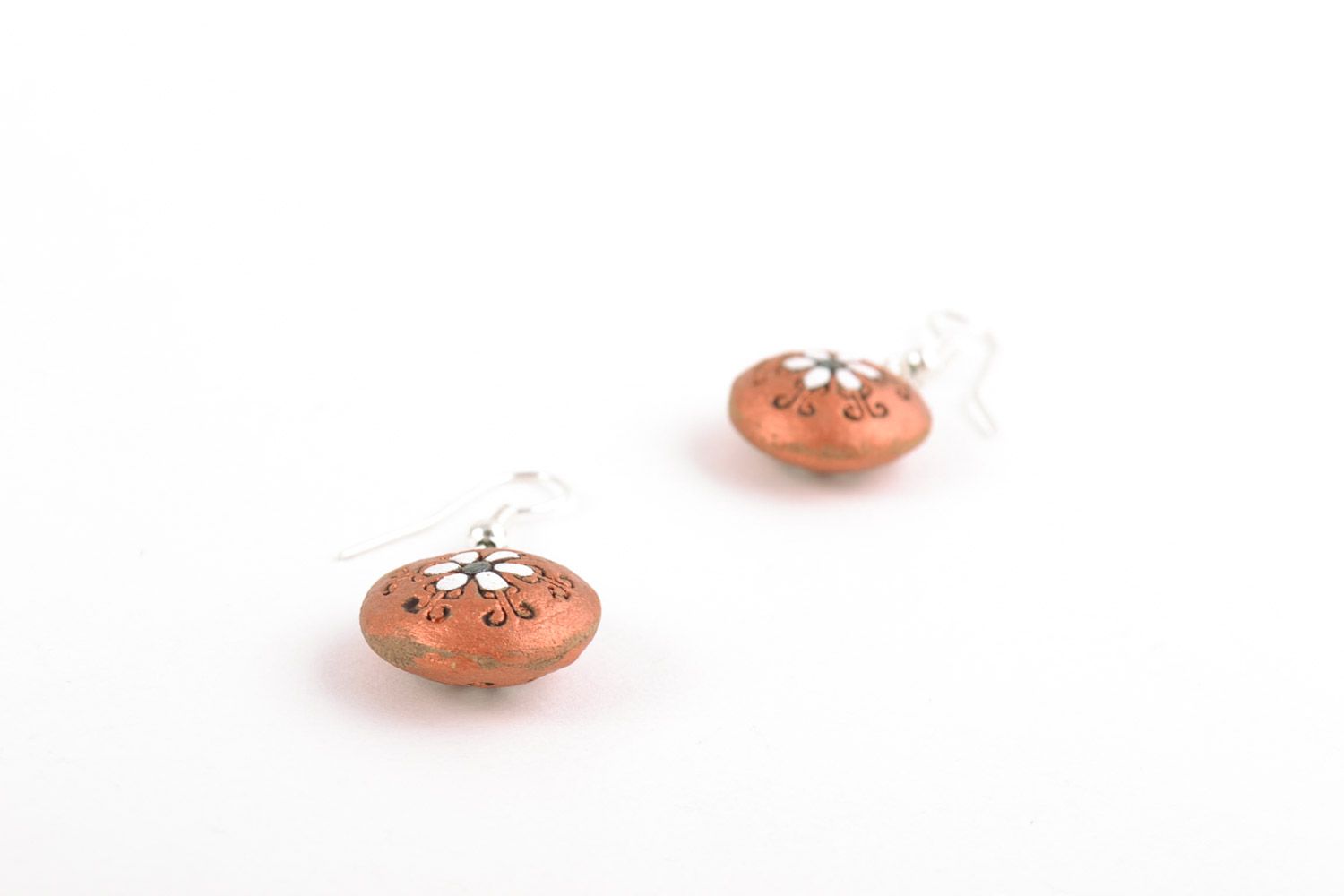 Small handmade round brown ceramic dangling earrings in boho chic style photo 4