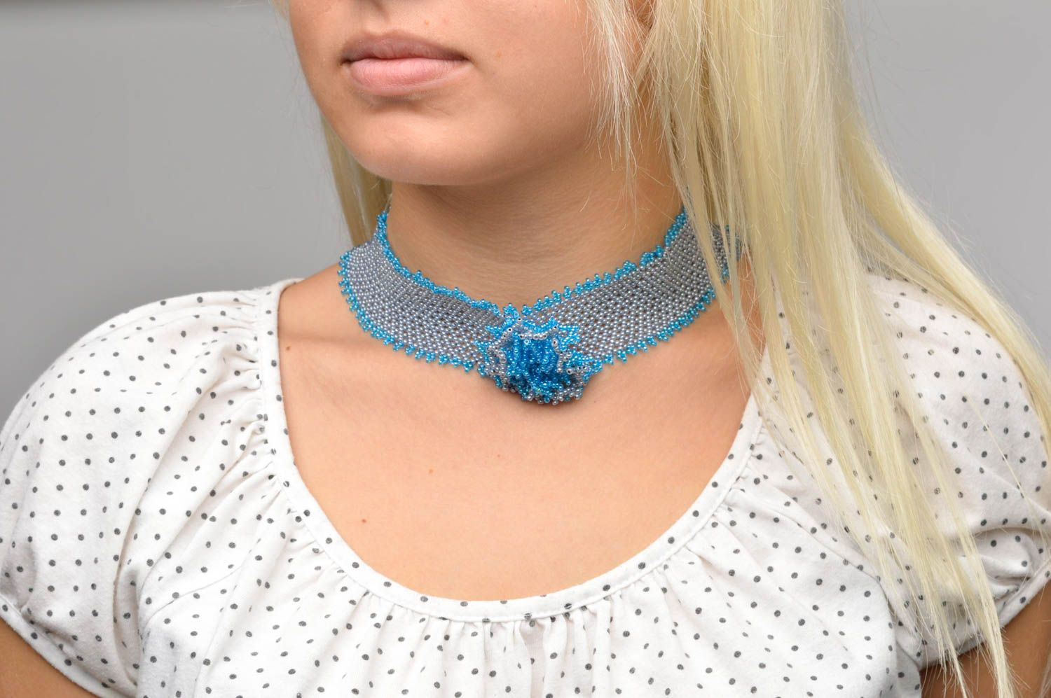 Handmade massive beaded necklace elegant blue necklace designer accessory photo 3