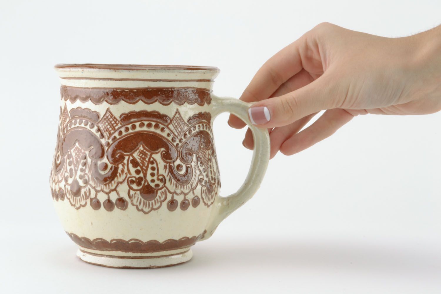 Large decorative 8 oz cup with handle in white and cherry colors' with ethnic pattern photo 2