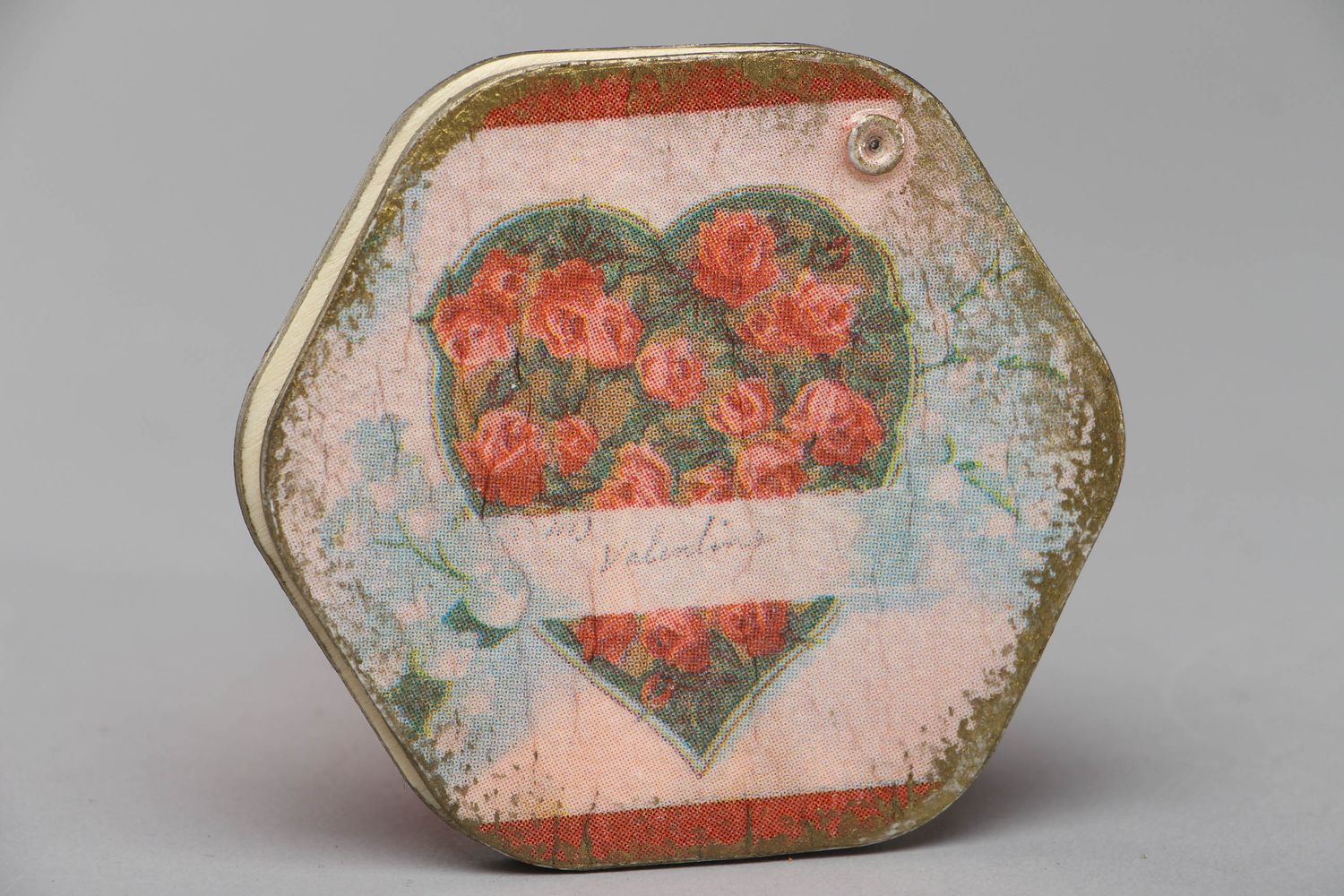 Miroir de poche vintage avec monture en bois en serviettage Coeur de rose photo 1