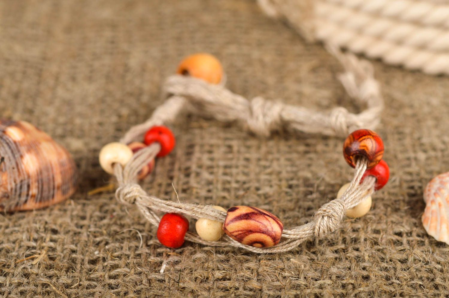 Strand rope handmade beaded bracelet with wooden red and beige beads for her photo 1