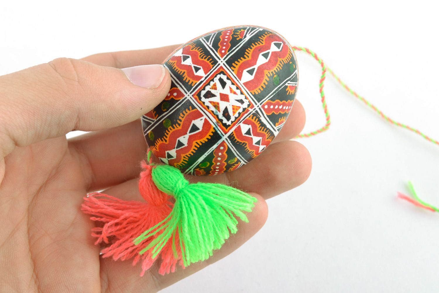 Bright Easter egg with contrast ornament equipped with cord and tassels  photo 2