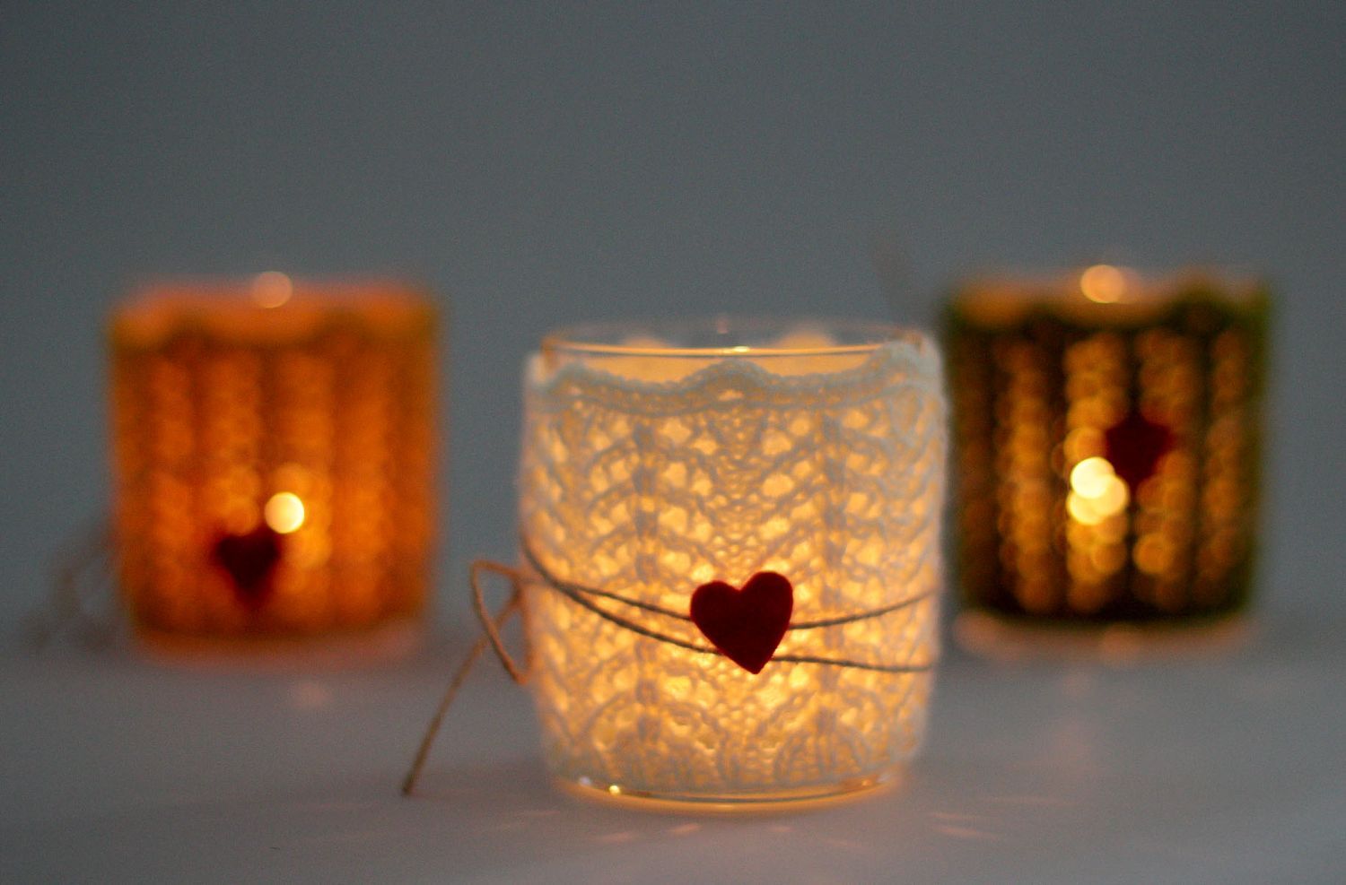 Tea light glass candle holder with knitted cover great Valentine's day gift 3,54 inches photo 5