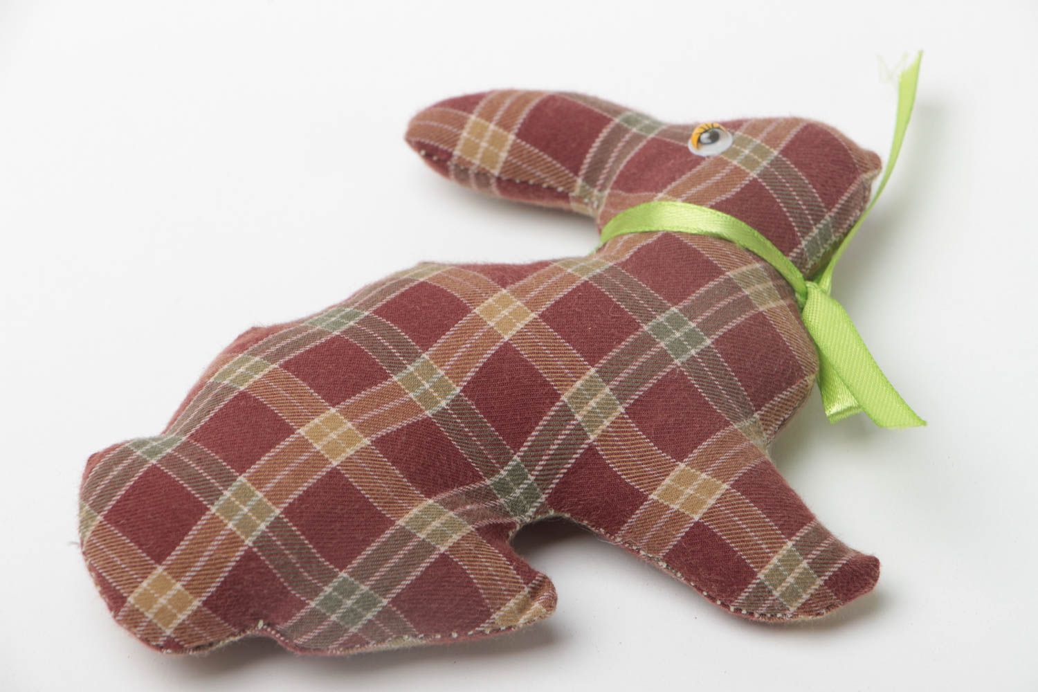 Handmade decorative chintz fabric soft toy checkered rabbit with green bow photo 4
