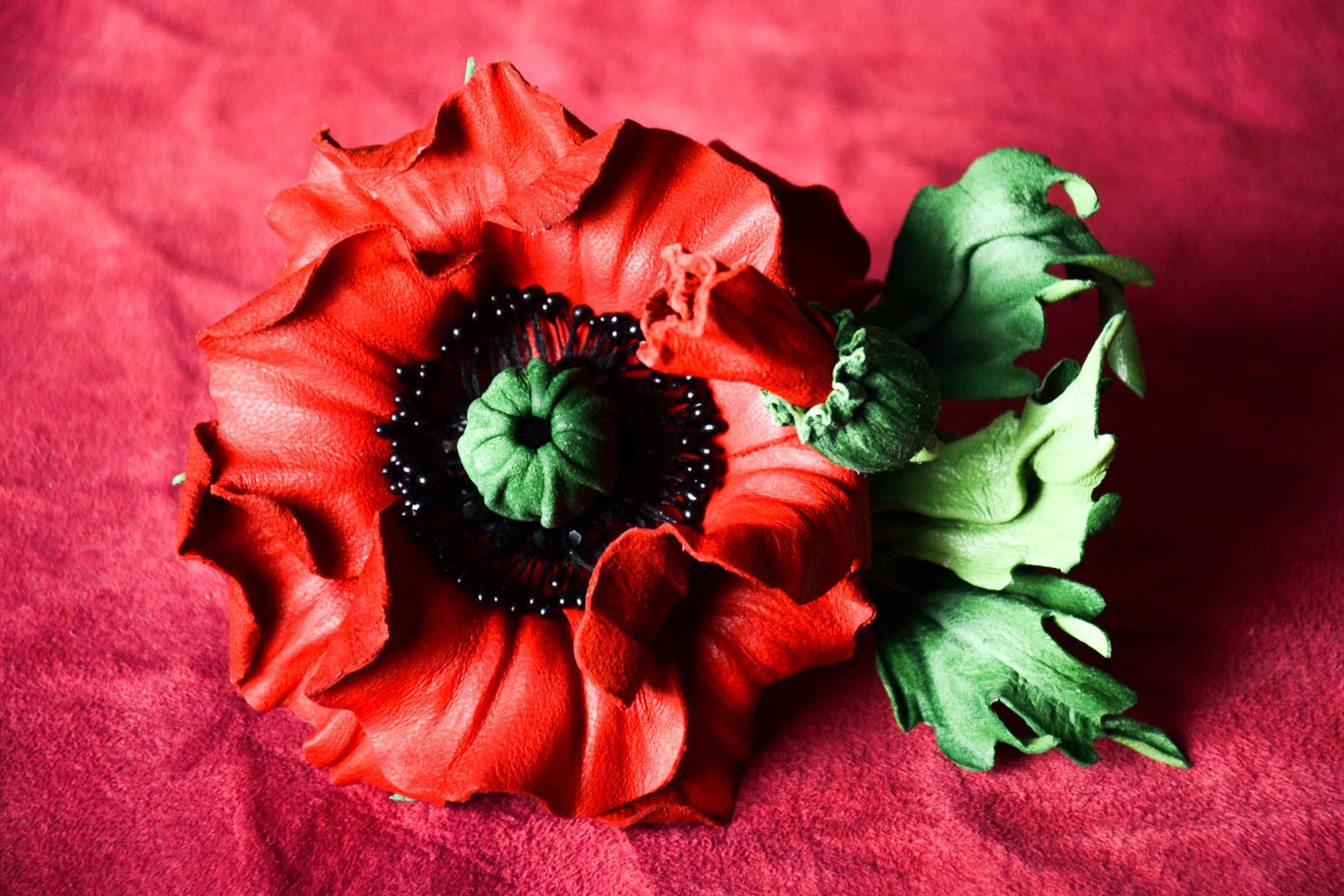 Handmade Blume Brosche Leder Schmuck Accessoire für Frauen rote Mohnblume foto 1
