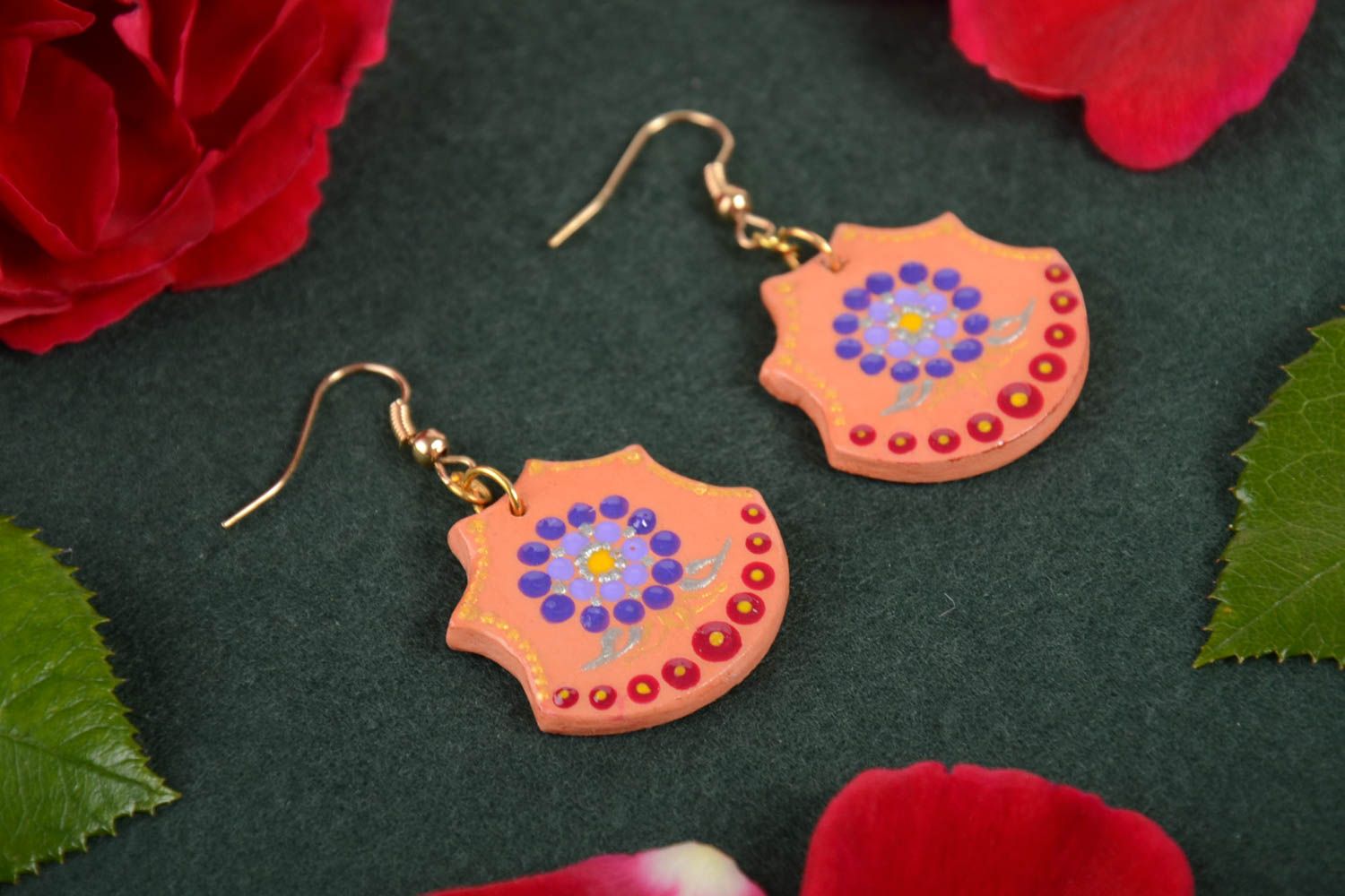 Handmade ceramic earrings clay earrings with painting earrings with charms photo 1