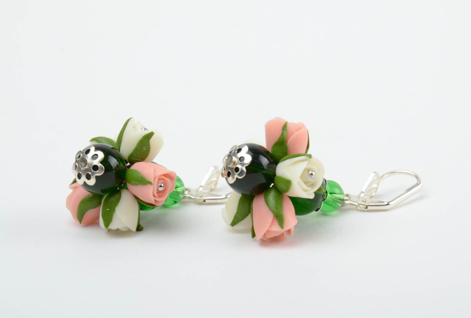 Handmade tender dangling earrings with cold porcelain white and pink rose flowers photo 4